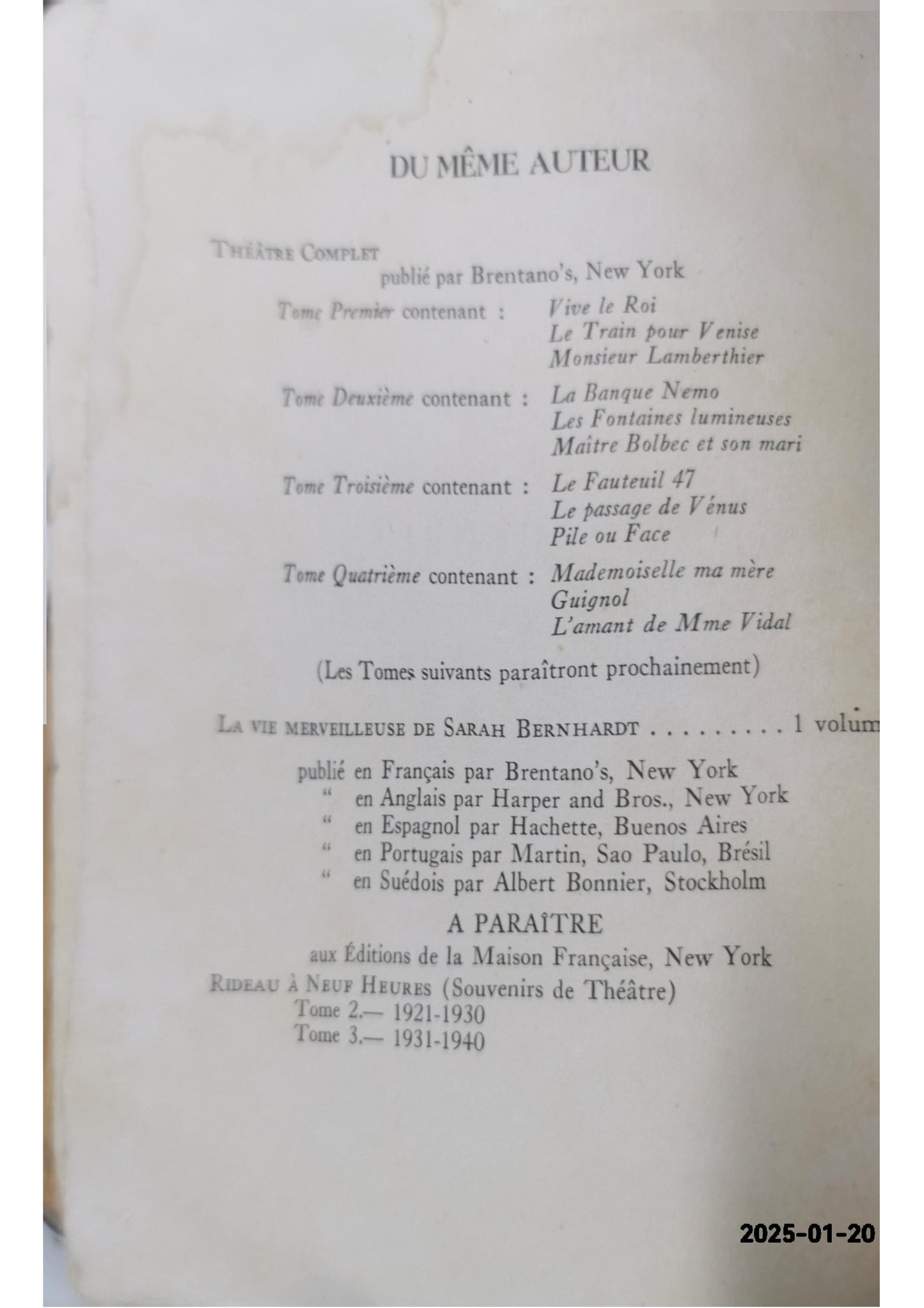 RIDEAU A NEUF HEURES (Souvenirs de theatre) Louis Verneuil Used