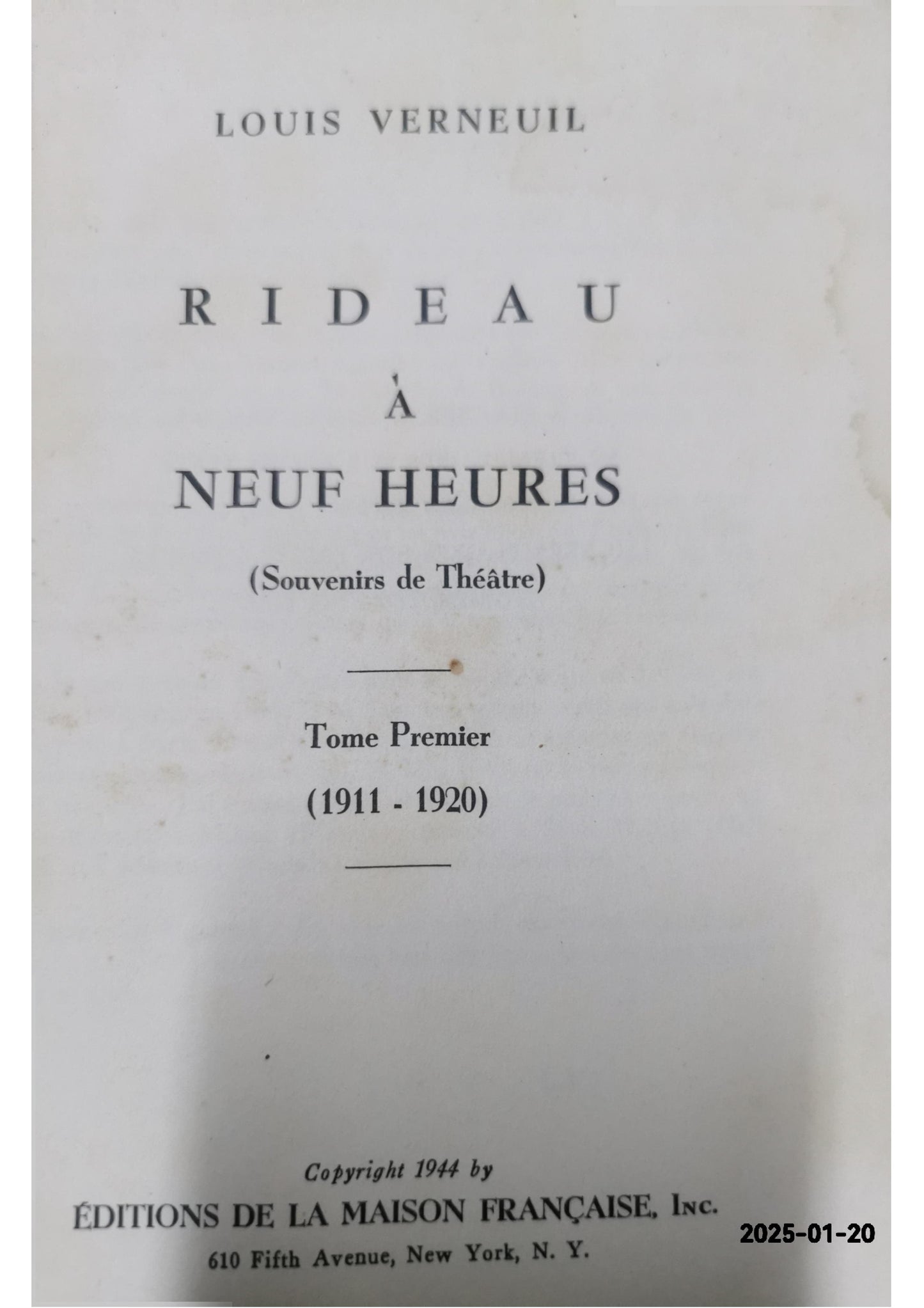 RIDEAU A NEUF HEURES (Souvenirs de theatre) Louis Verneuil Used