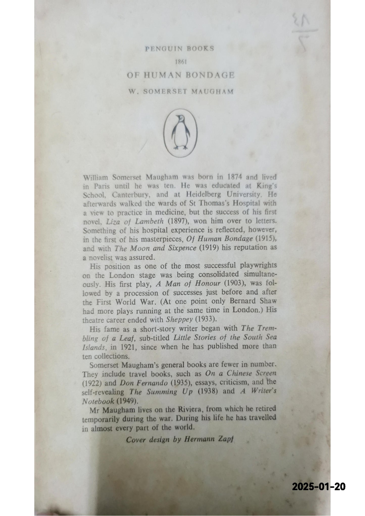 Of Human Bondage Novel by William Somerset Maugham