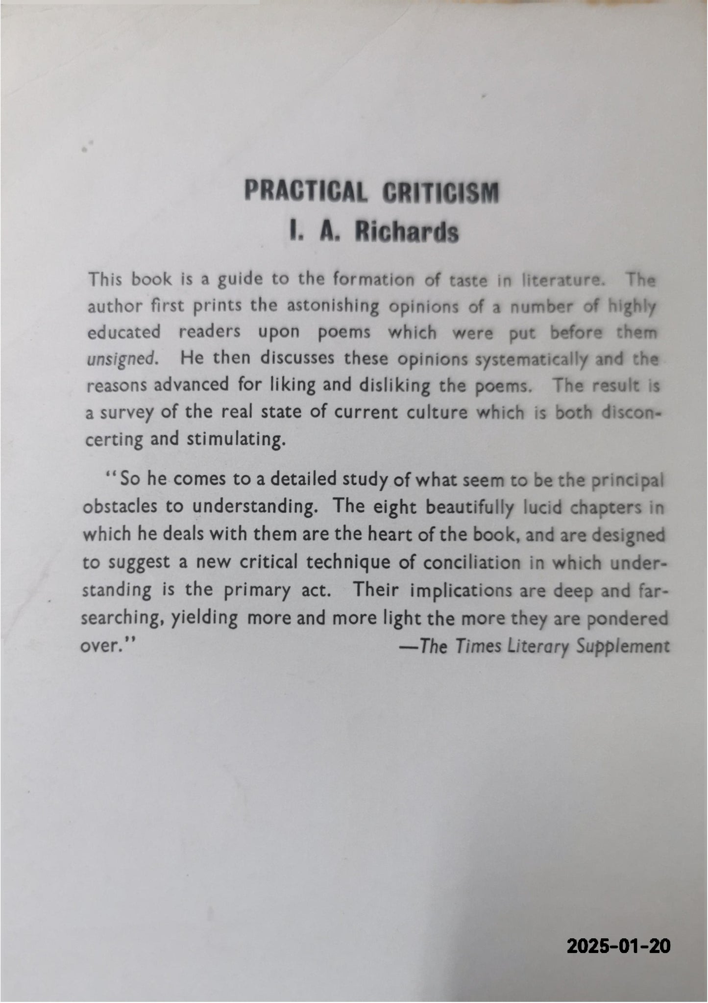 Practical Criticism: A Study of Literary Judgment Mass Market Paperback – January 1, 1963 by I. A Richards (Author)