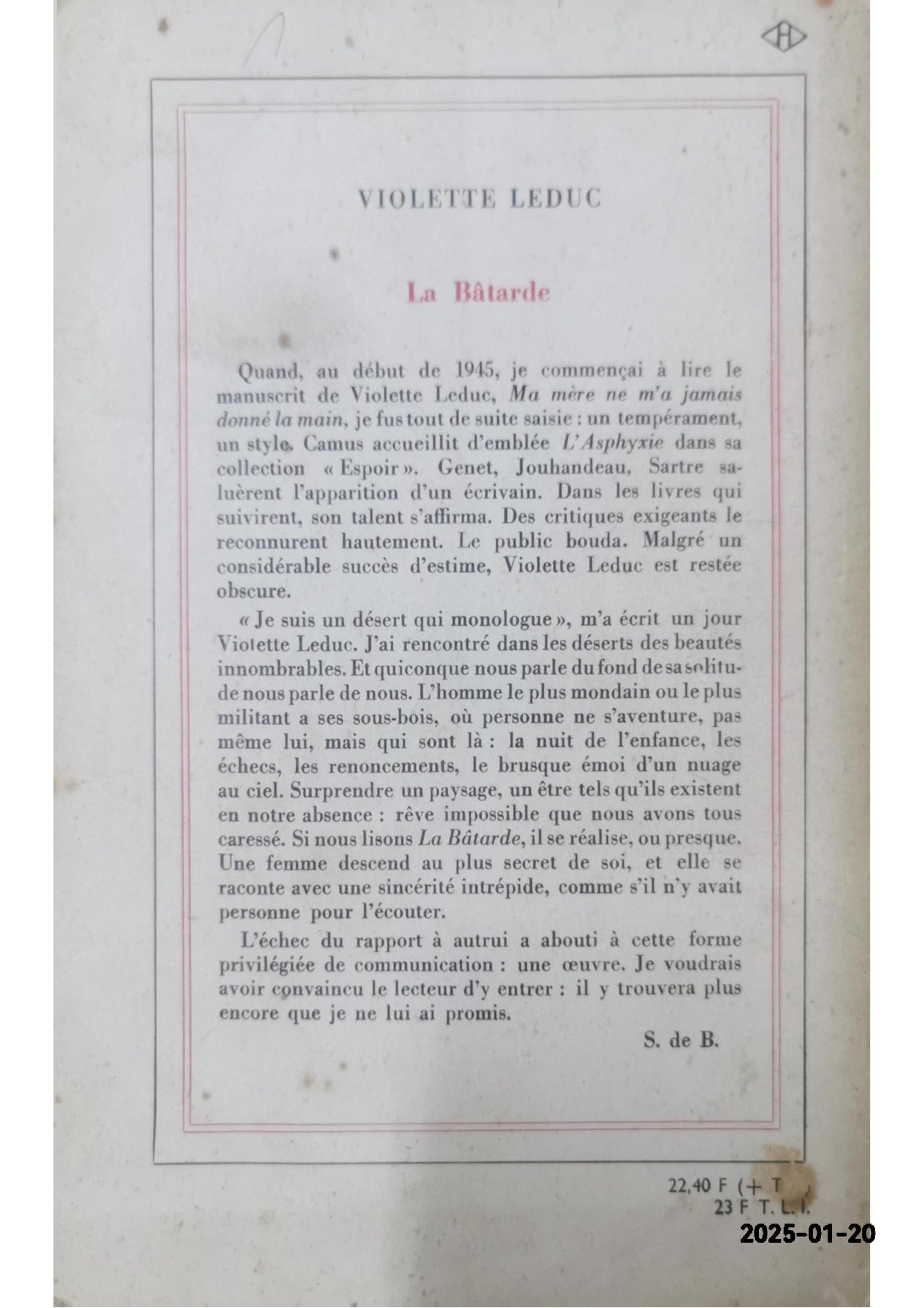 LA BATARDE - RECIT LEDUC VIOLETTE Published by GALLIMARD, 1964 Condition: bon Soft cover