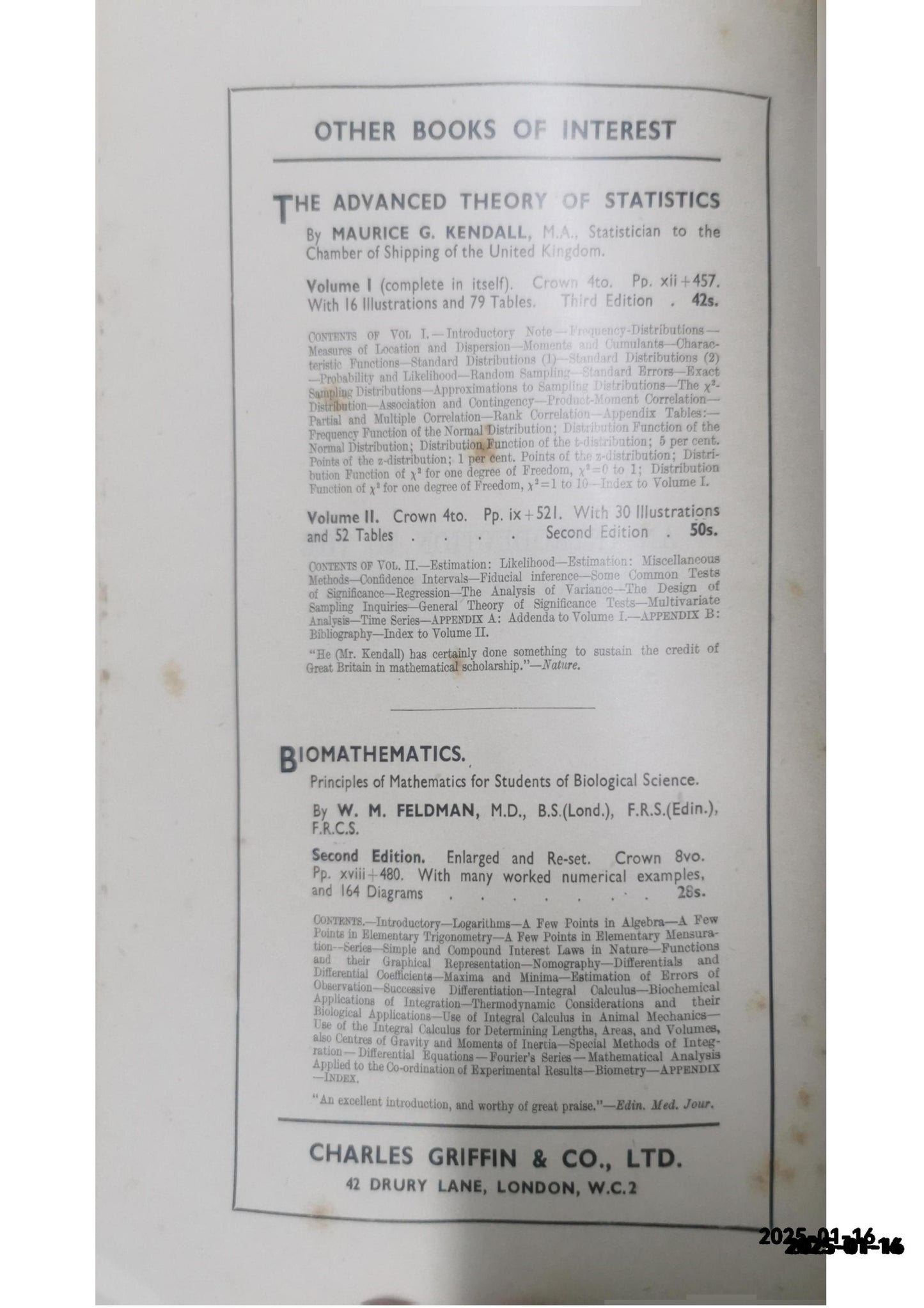 An Introduction to the Theory of Statistics Yule, G. Udny & Kendall, M. G. Published by Charles Griffin, London, 1948 Condition: Good Hardcover