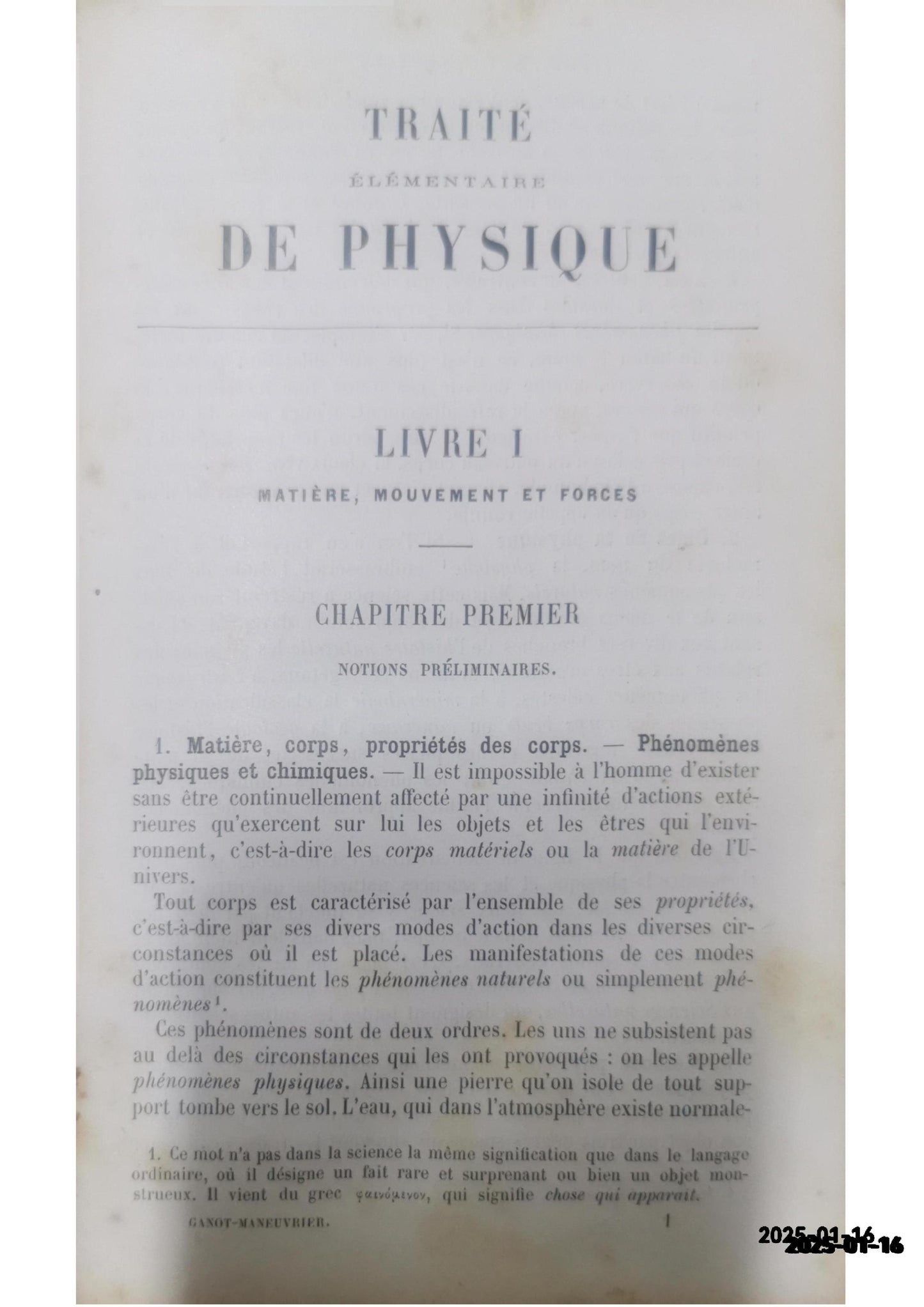 TRAITE ELEMENTAIRE DE PHYSIQUE GANOT, Par A. Published by Chez L'auteur-Edituer, Paris, France, 1874 Used Condition: Disbound Hardcover