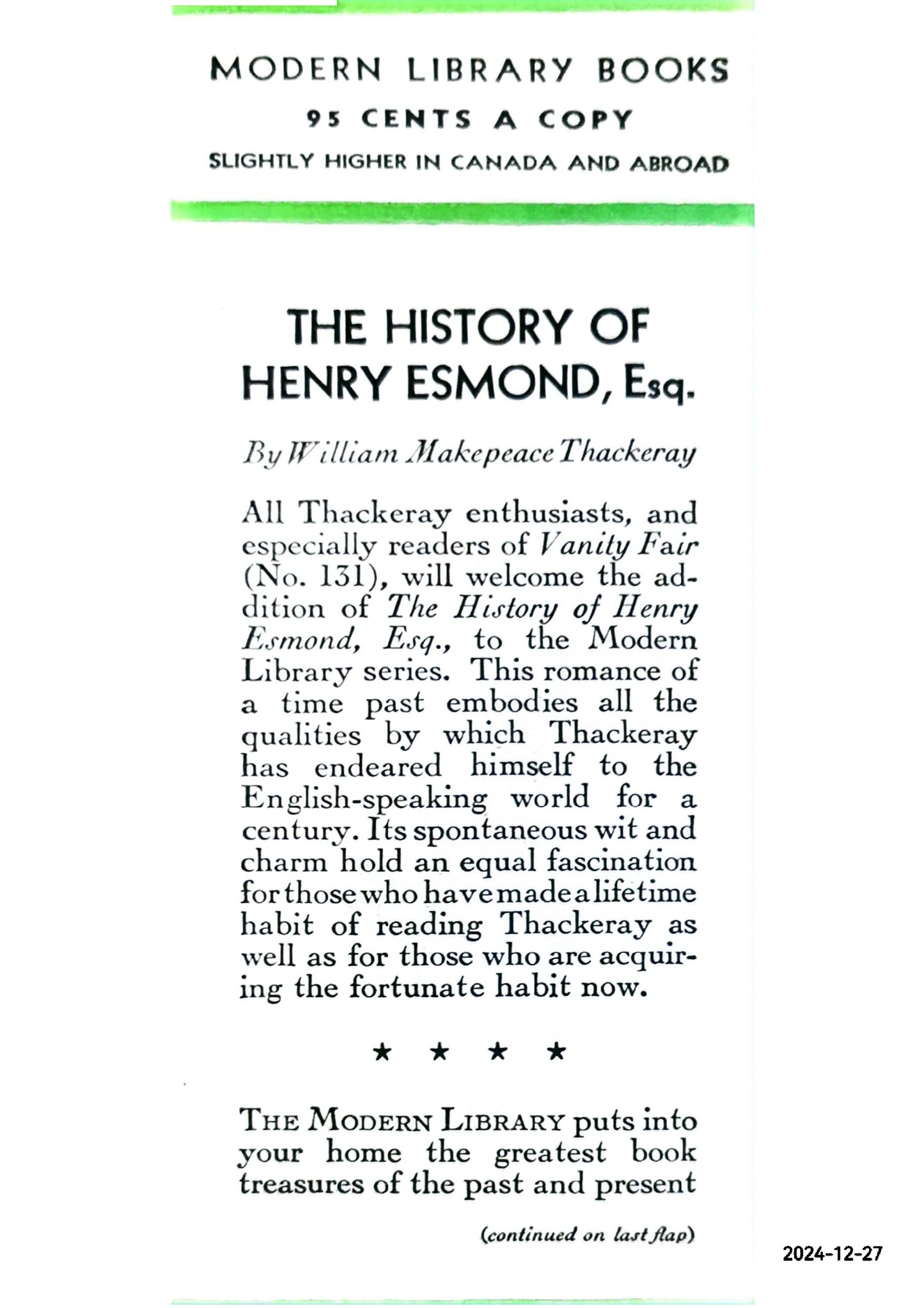 HENRY ESMOND Modern Library No. 80 William M. Thackeray Published by Modern Library, New York, 1950 Hardcover