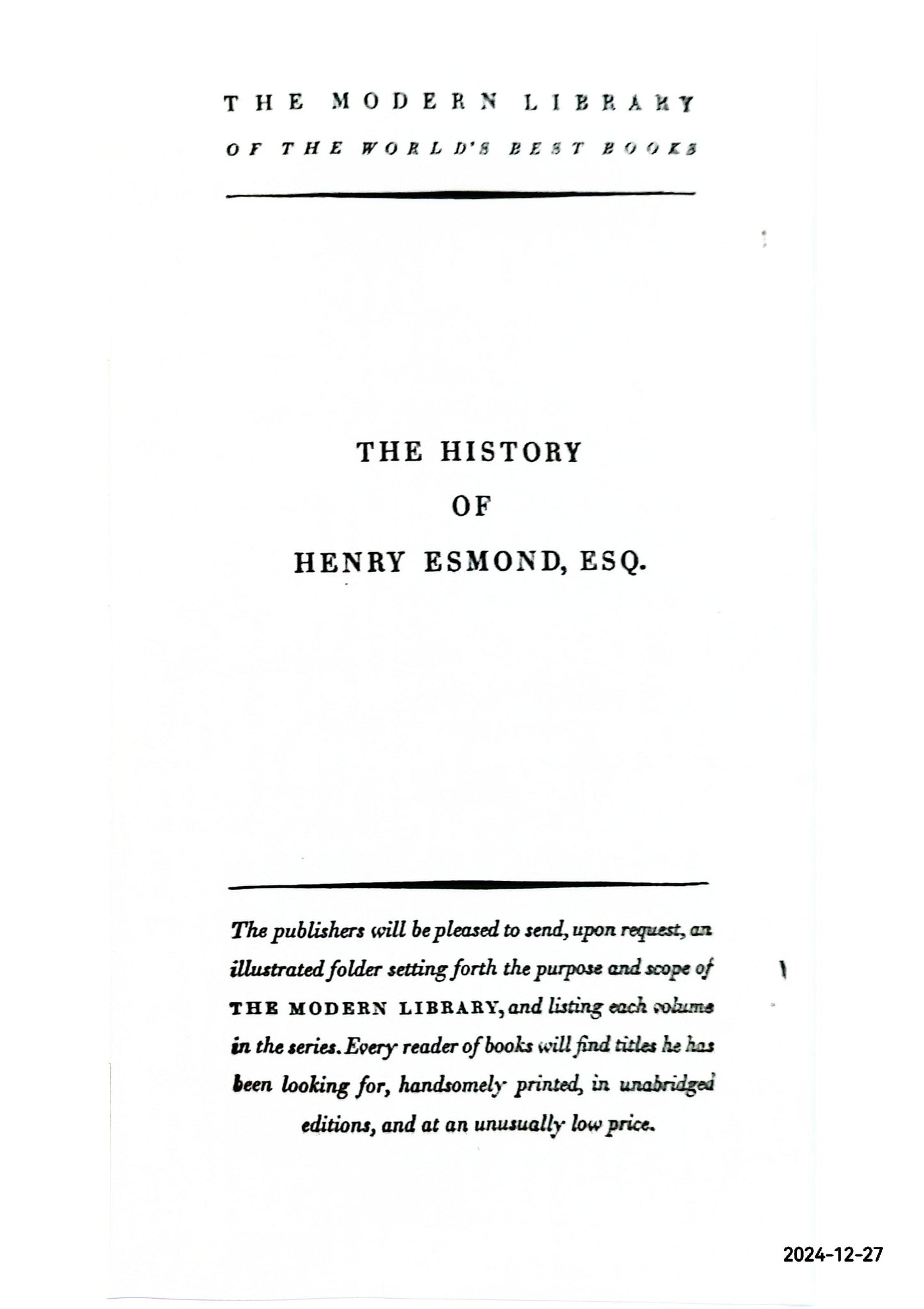 HENRY ESMOND Modern Library No. 80 William M. Thackeray Published by Modern Library, New York, 1950 Hardcover