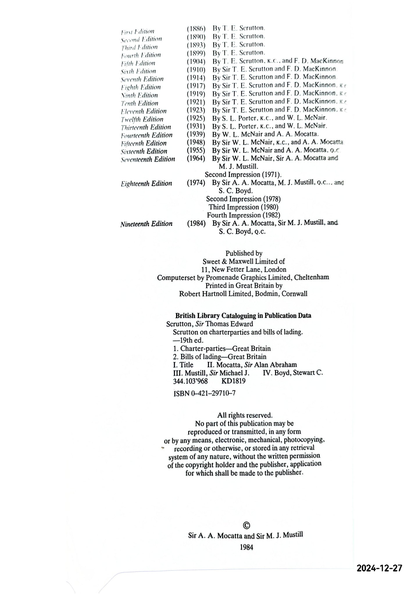 SCRUTTON ON CHARTER- PARTIES NINETEENTH EDITION By SIR ALANA MOGATTA, SIRMICHAEL J. MUSTIL Language: English Condition: Fine Hardcover