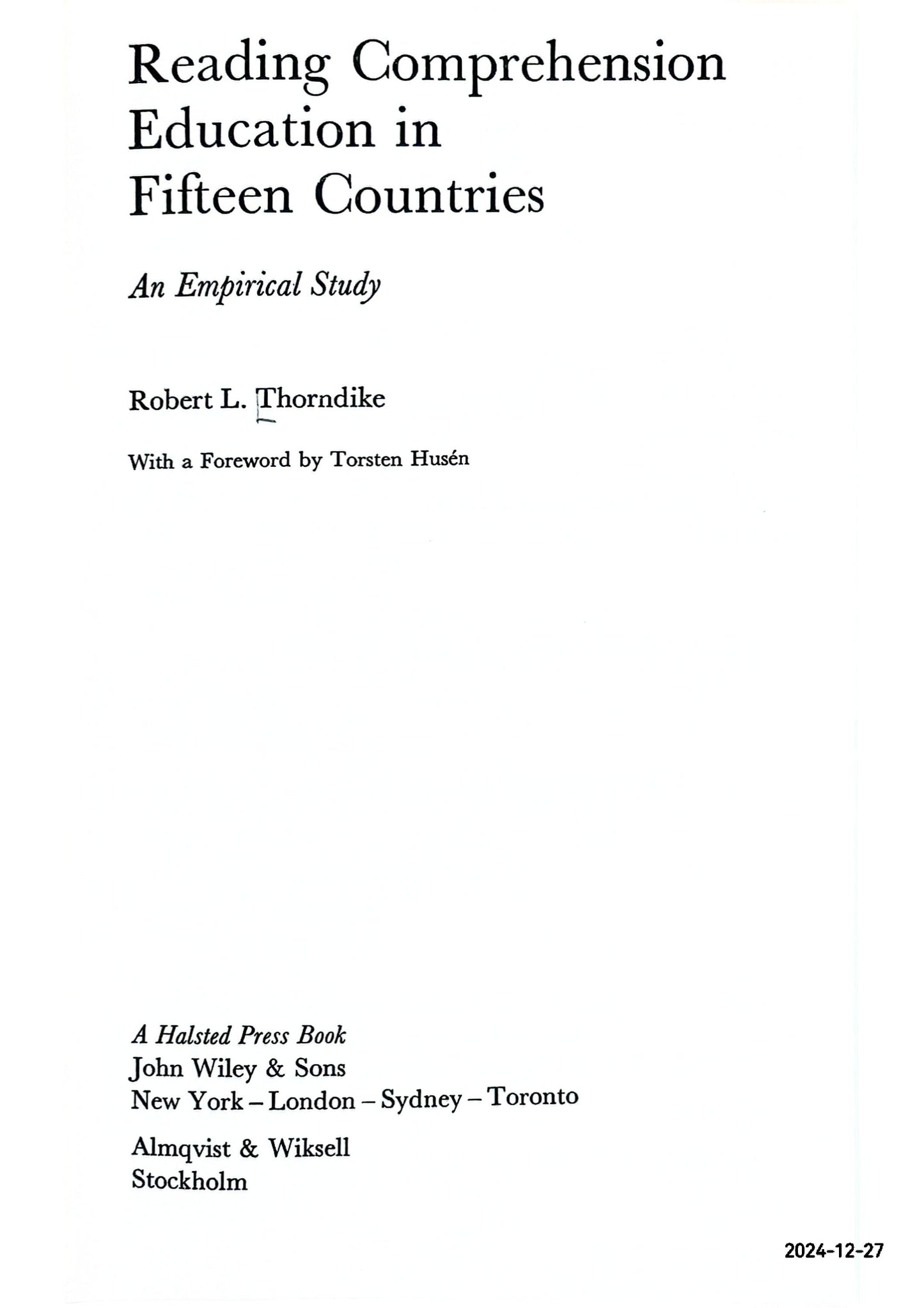 Reading Comprehension Education in Fifteen Countries (International Studies in Evaluation â...¢) - HardcoverRobert L. Thorndike