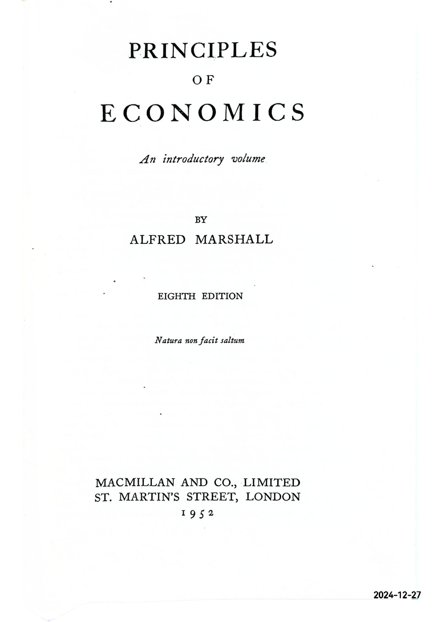 Principles of Economics: An Introductory Volume, Eighth Edition (Ninth Variorum Edition Volume II-Notes) Marshall, Alfred Published by Macmillan, 1961 Condition: Good Hardcover