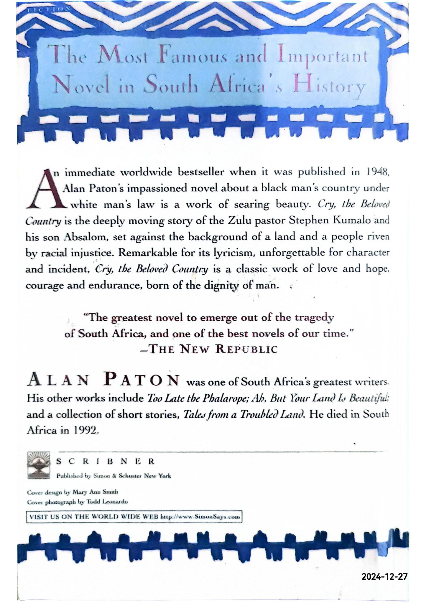 Cry, the Beloved Country Paperback –  by Alan Paton (Author)