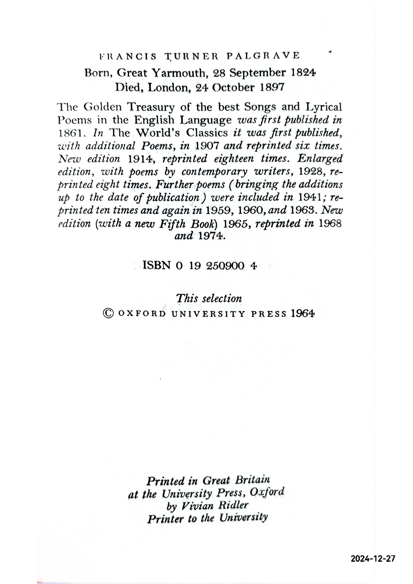 The Golden Treasury of the Best Songs and Lyrical Poems in the English Language Hardcover –  by Francis Turner 1824-1897 Palgrave (Author)