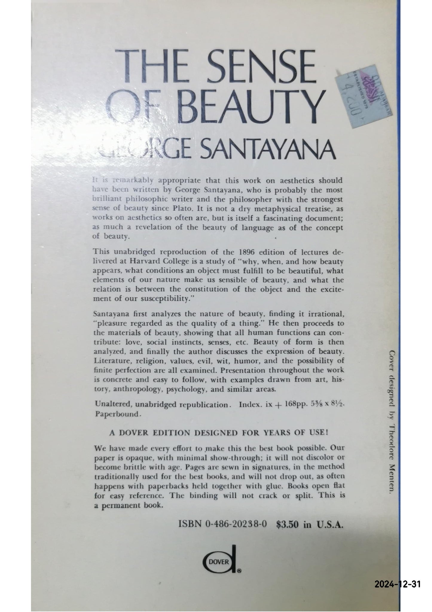 The Sense of Beauty by George Santayana (English) Paperback Book