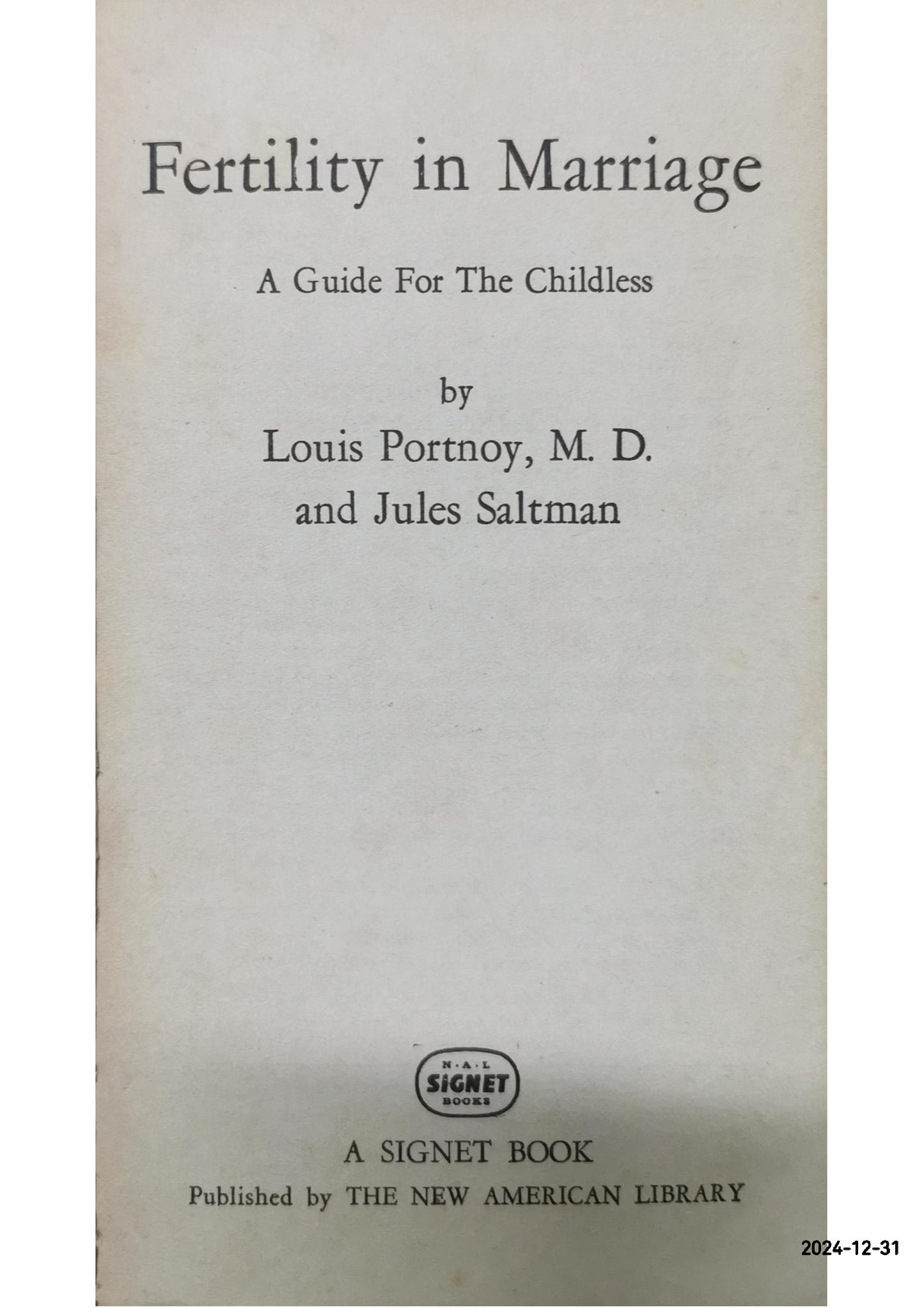 FERTILITY IN MARRIAGE Portnoy / Saltman 1ST SIGNET PRINTING Nonfiction