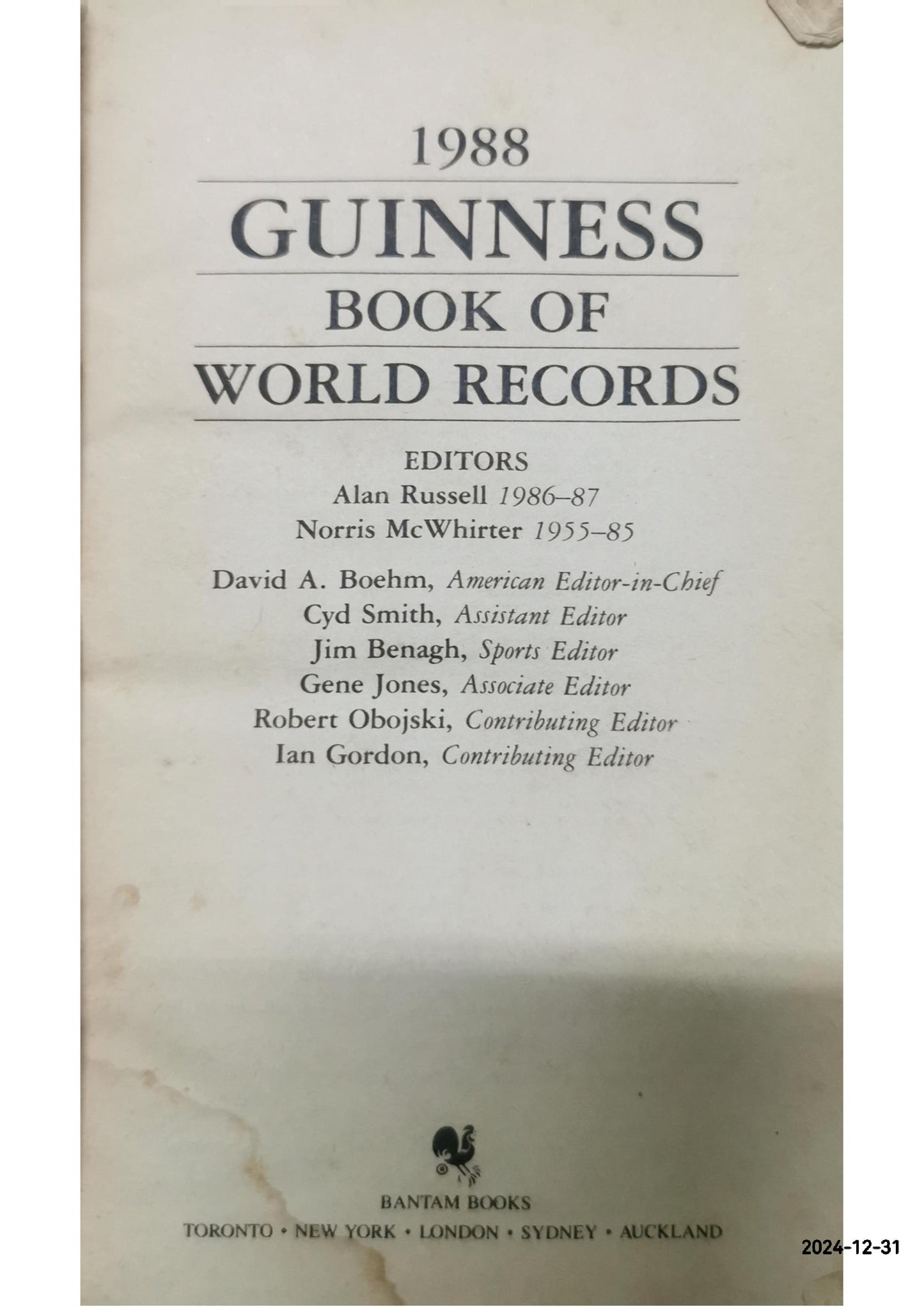 GUINNESS BOOK OF WORLD'S RECORDS (GIANT 1988 REVISED By Norris Mcwhirter & Alan