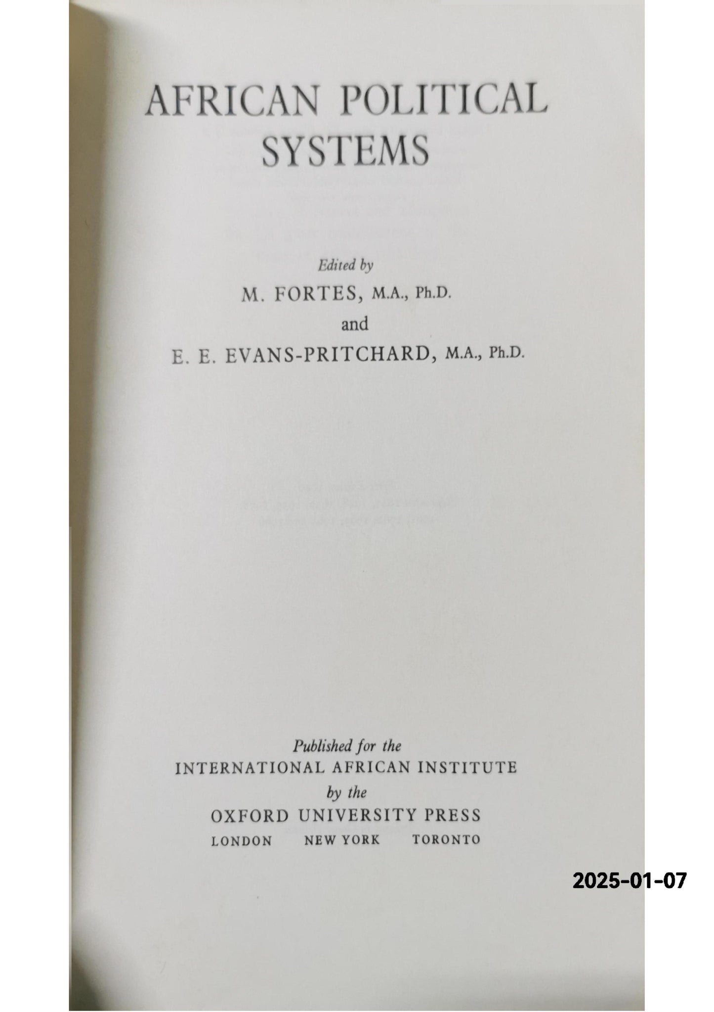 African Political Systems Edited By M. Fortes, E. E. Evans-Pritchard Copyright 1987