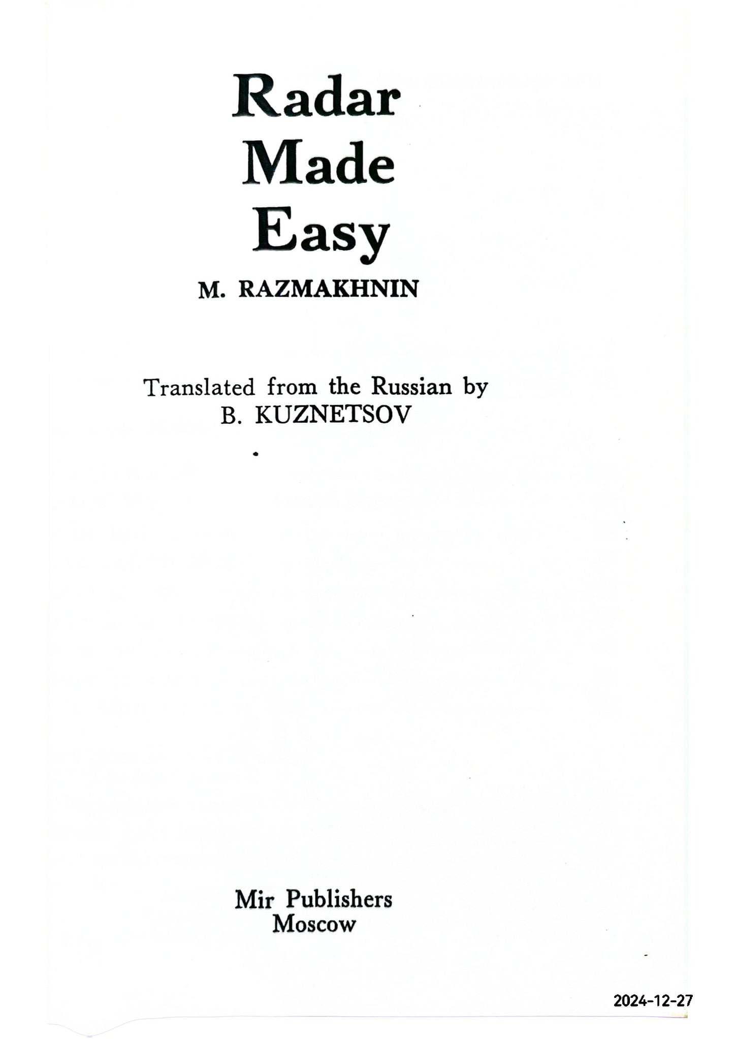 Radar Made Easy Razmakhnin Mir Publishers Moscow 1973