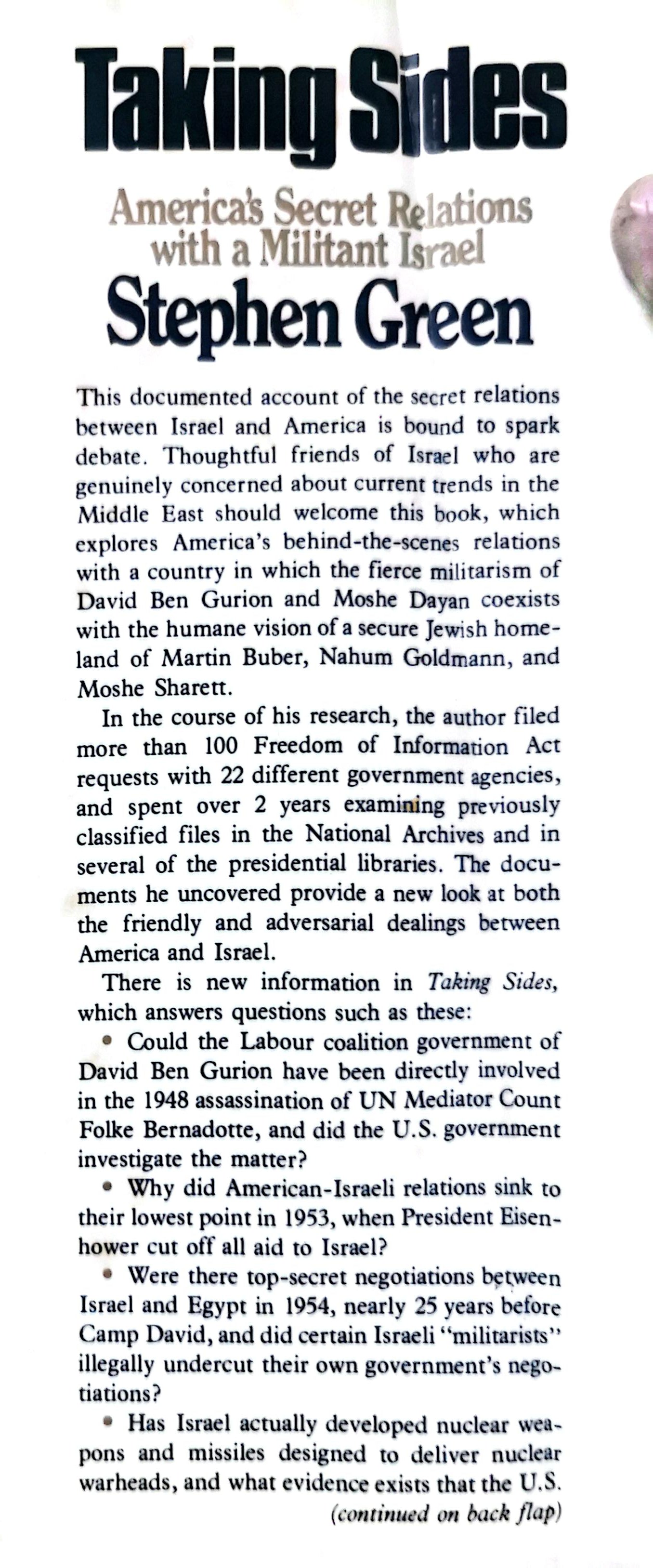 Taking Sides: America's Secret Relations With a Militant Israel Paperback – January 1, 1987 by Stephen J. Green (Author)