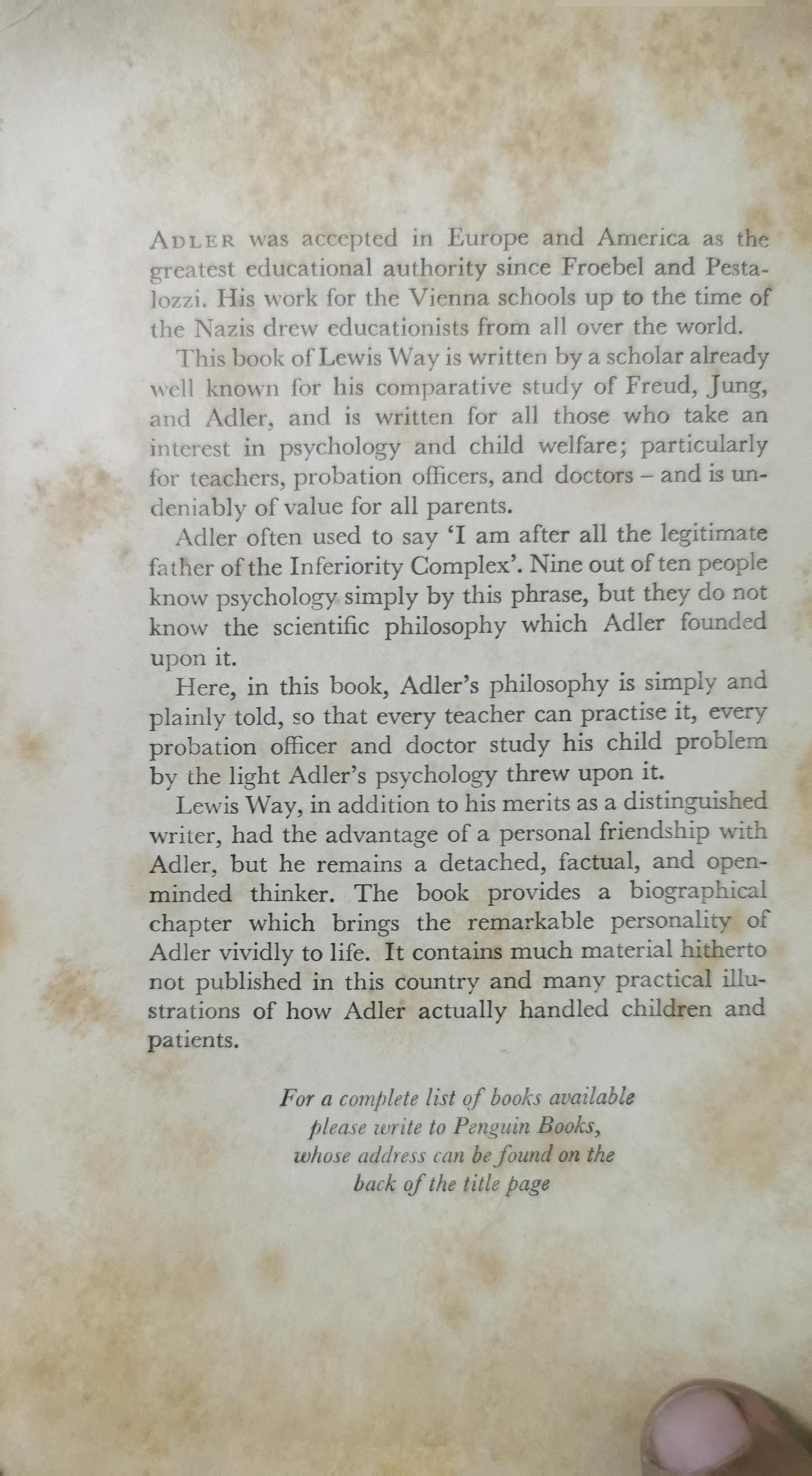 ALFRED ADLER An Introduction to his Psychology WAY, Lewis Published by Penguin Books: Pelican, Harmondsworth, UK, 1956 Used Condition: Very Good Soft cover