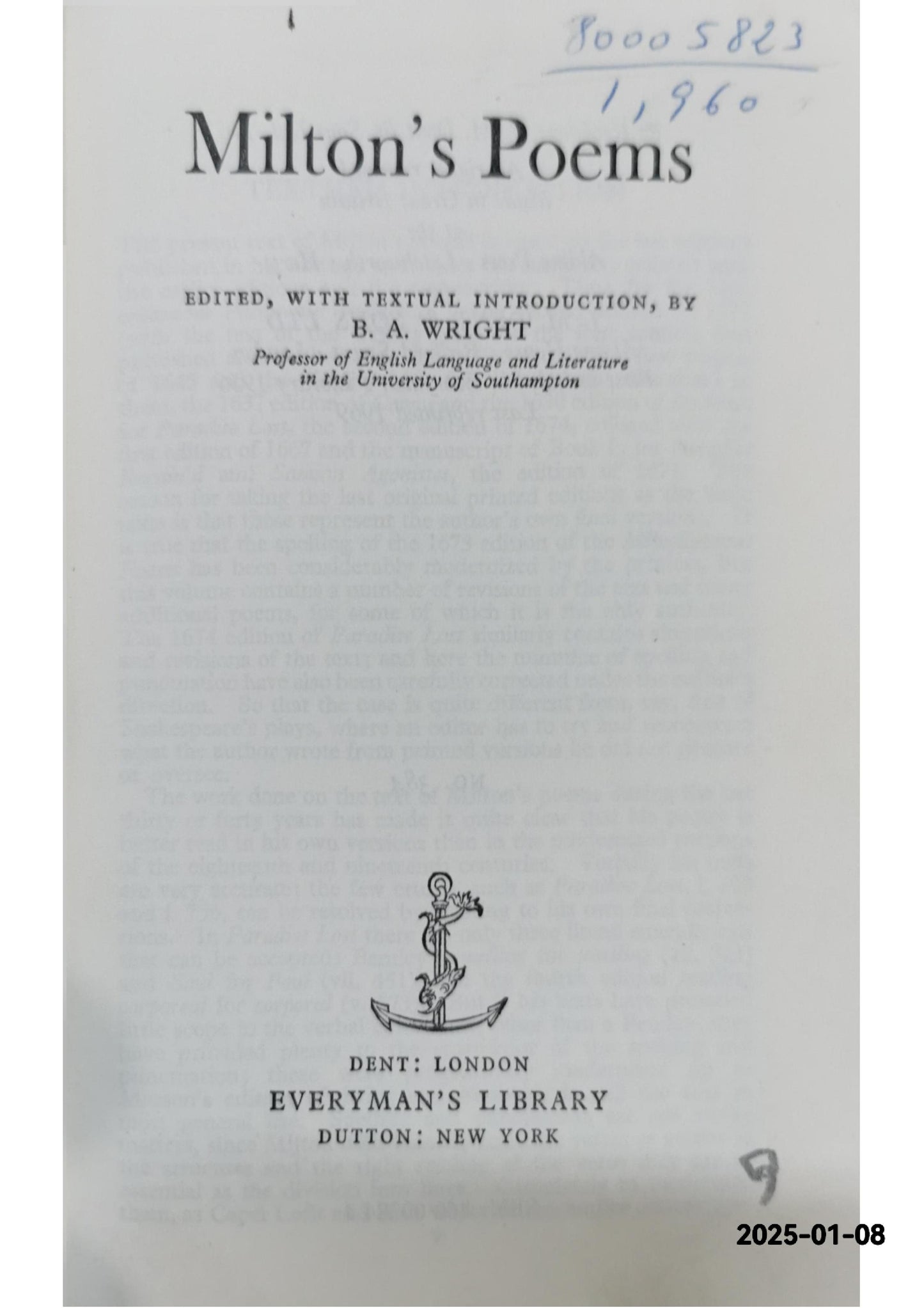 Milton's Poems (Everyman's Library) - Wright, B A (ed) 1969-01-01 J.M. D