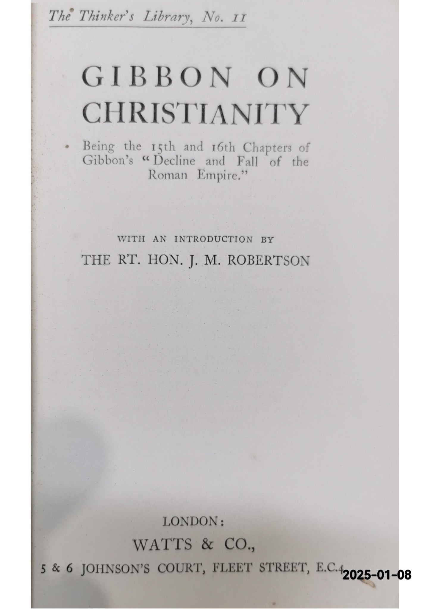 The Thinker's Library Gibbon on Christianity (No. 11) Hardcover by unknown author (Author)