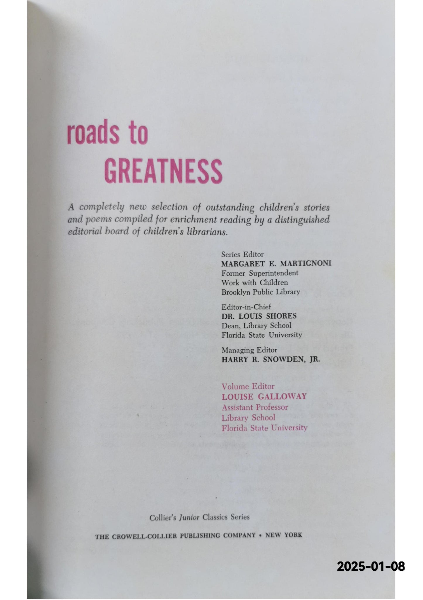 ROADS TO GREATNESS Book 8 (Hardcover 1962) Children's - Collier's Junior Classics