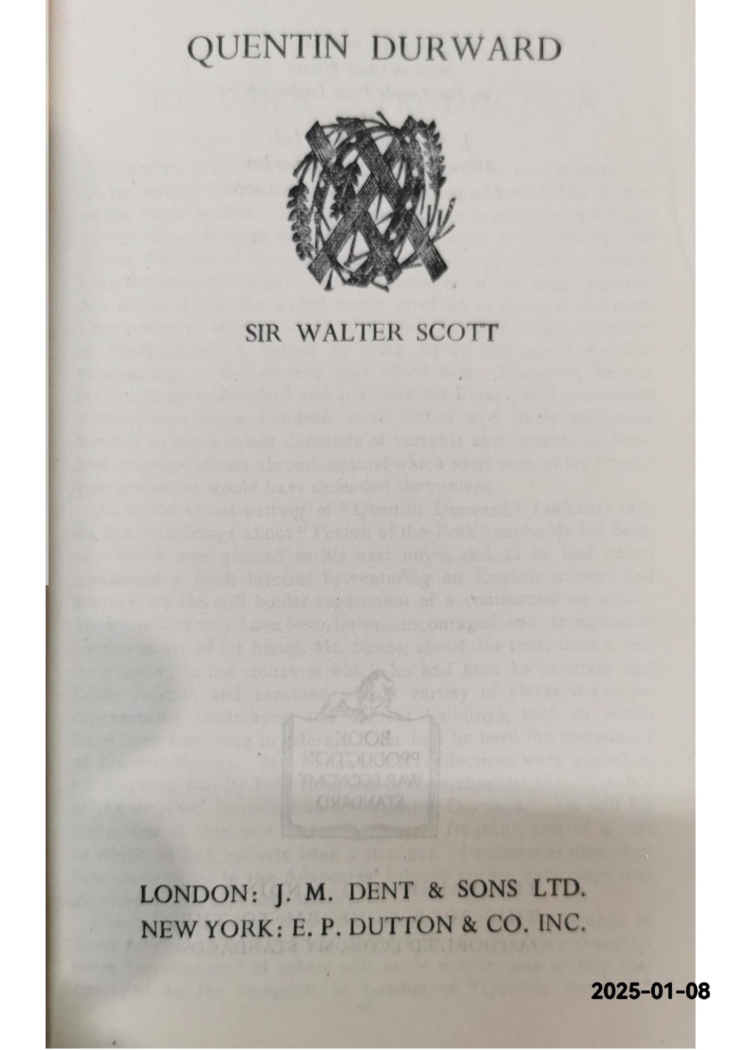 Quentin Durward Sir Walter Scott 1947 Historical Fiction Book - Everyman’s Library