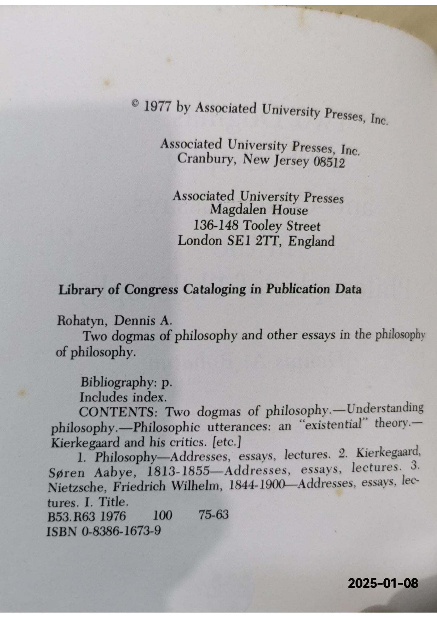 Two Dogmas of Philosophy and Other Essays in the Philosophy of Philosophy Hardcover – January 1, 1976 by Dennis A. Rohatyn (Author)