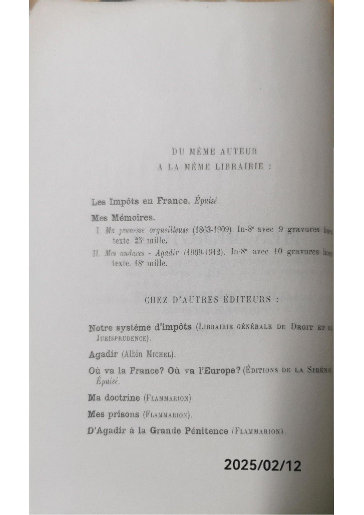 Mes mémoires. CAILLAUX (Joseph) Publication Date: 1942