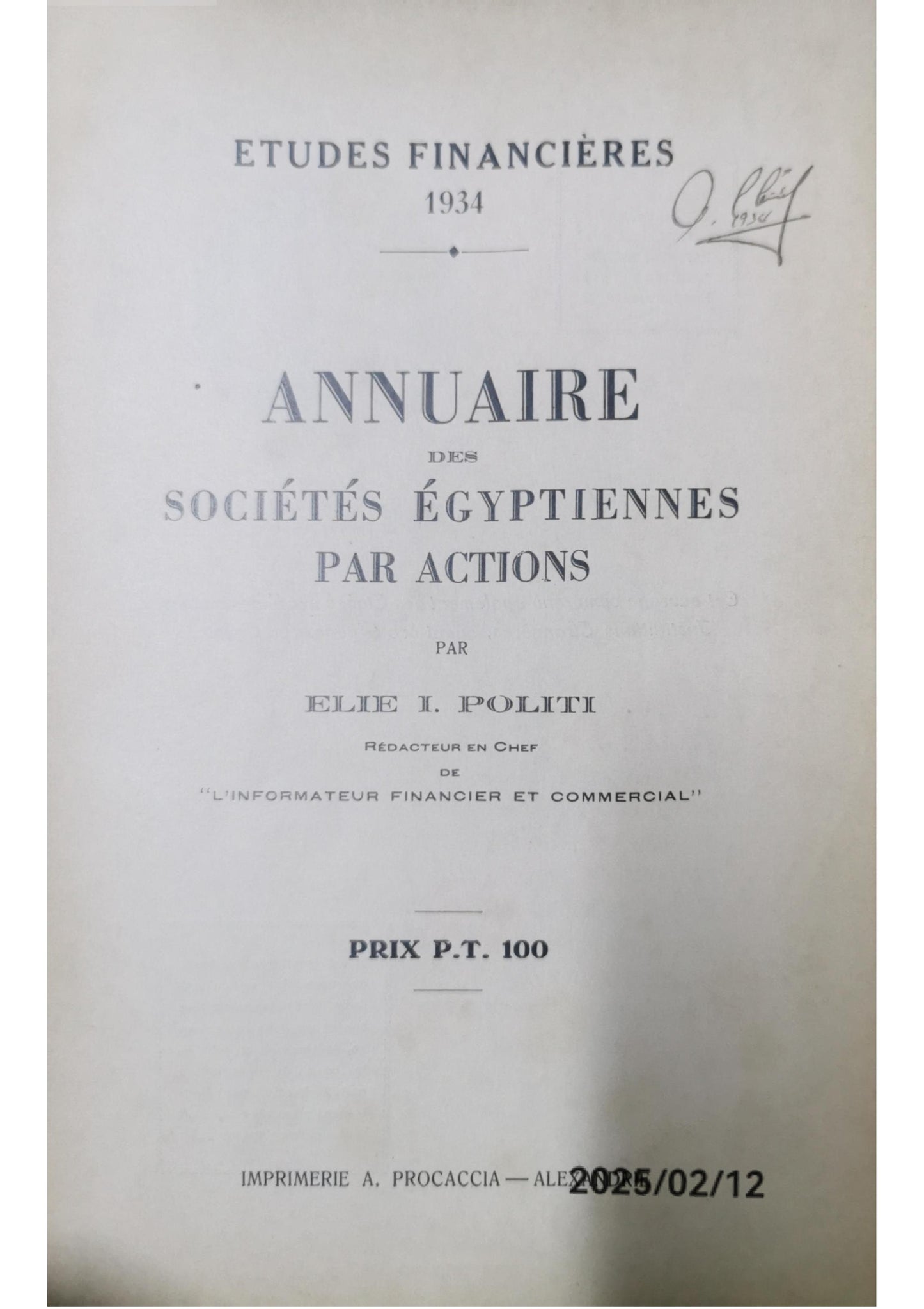 Annuaire des Sociétés égyptiennes par actions, Alexandrie, 1934