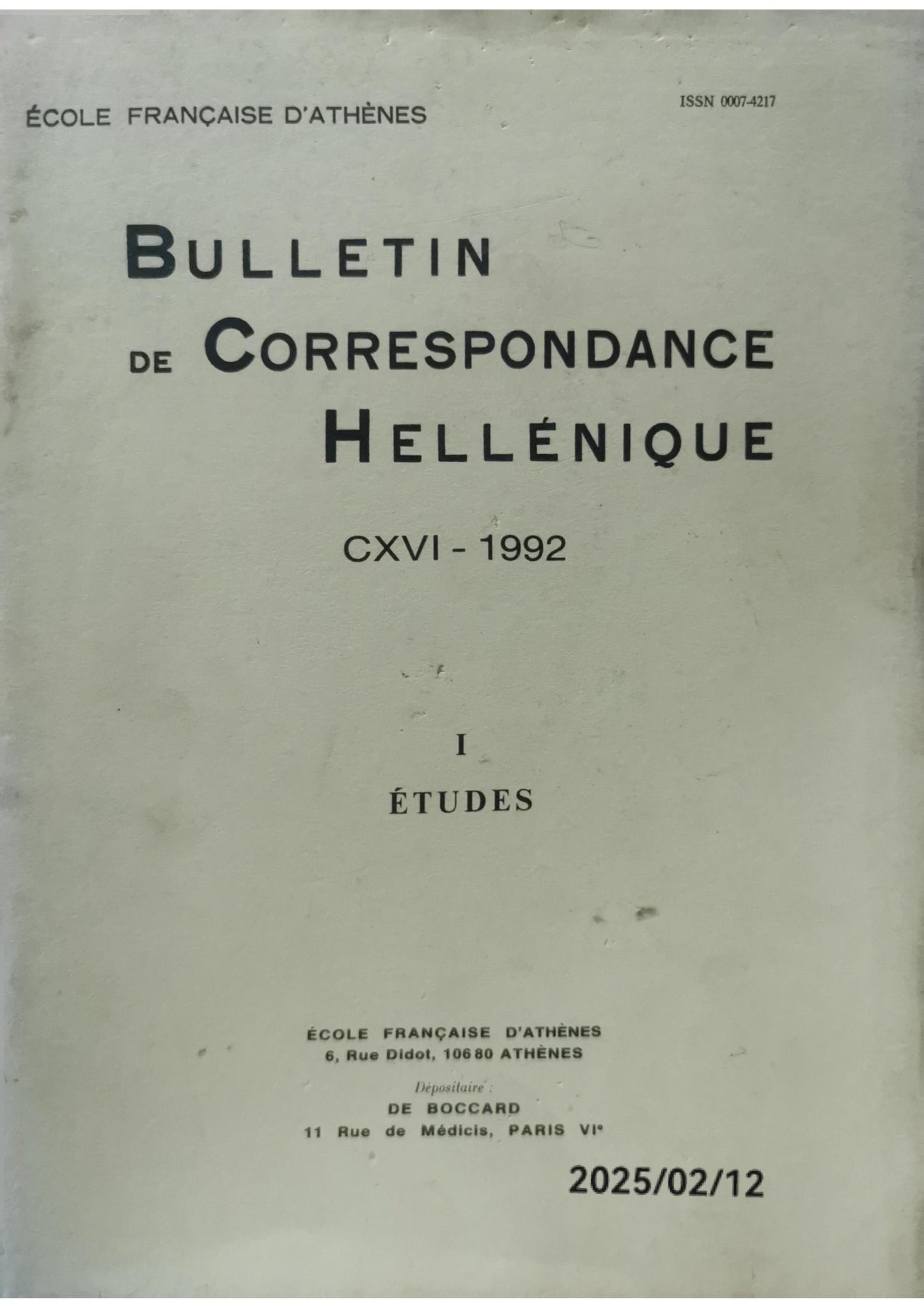 Bulletin de correspondance hellénique. Volume 116, livraison 1, 1992.