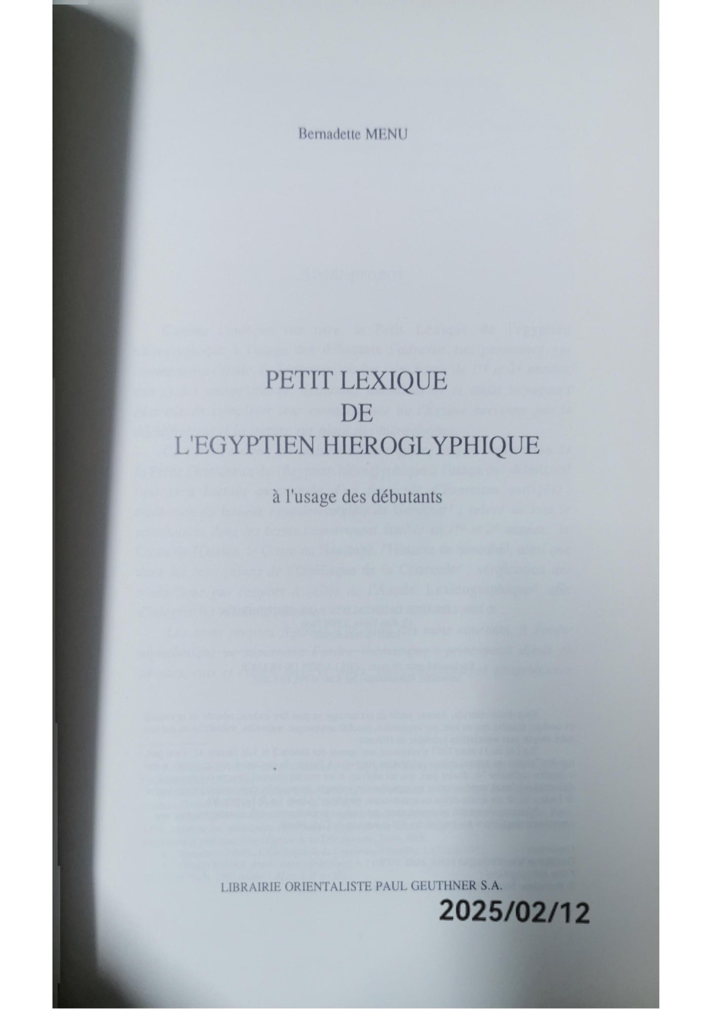 Petit lexique de l'égyptien hiéroglyphique à l'usage des débutants Paperback French Edition  by Bernadette Menu (Author)