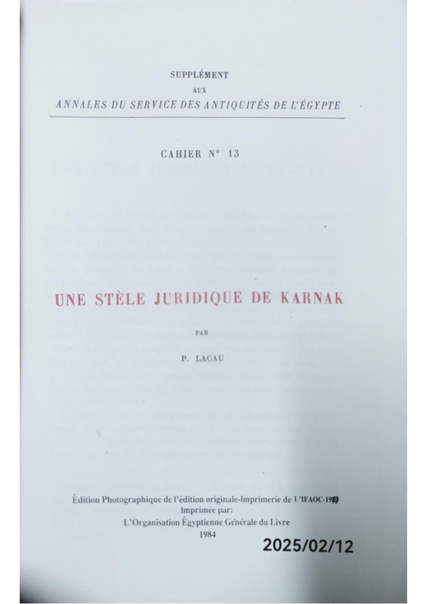 Une stèle juridique de Karnak LACAU Pierre