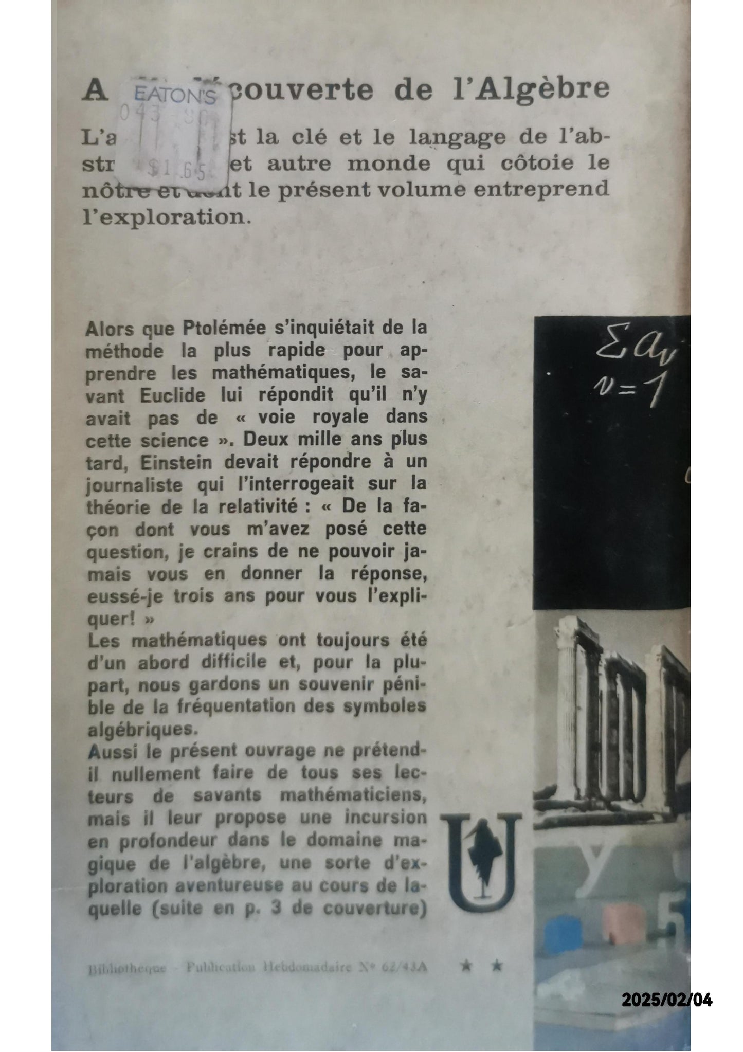 A LA DECOUVERTE DE L'ALGEBRE Broché – 1 janvier 1962 de BRAUN G.Z. ET LOS J. (Auteur)