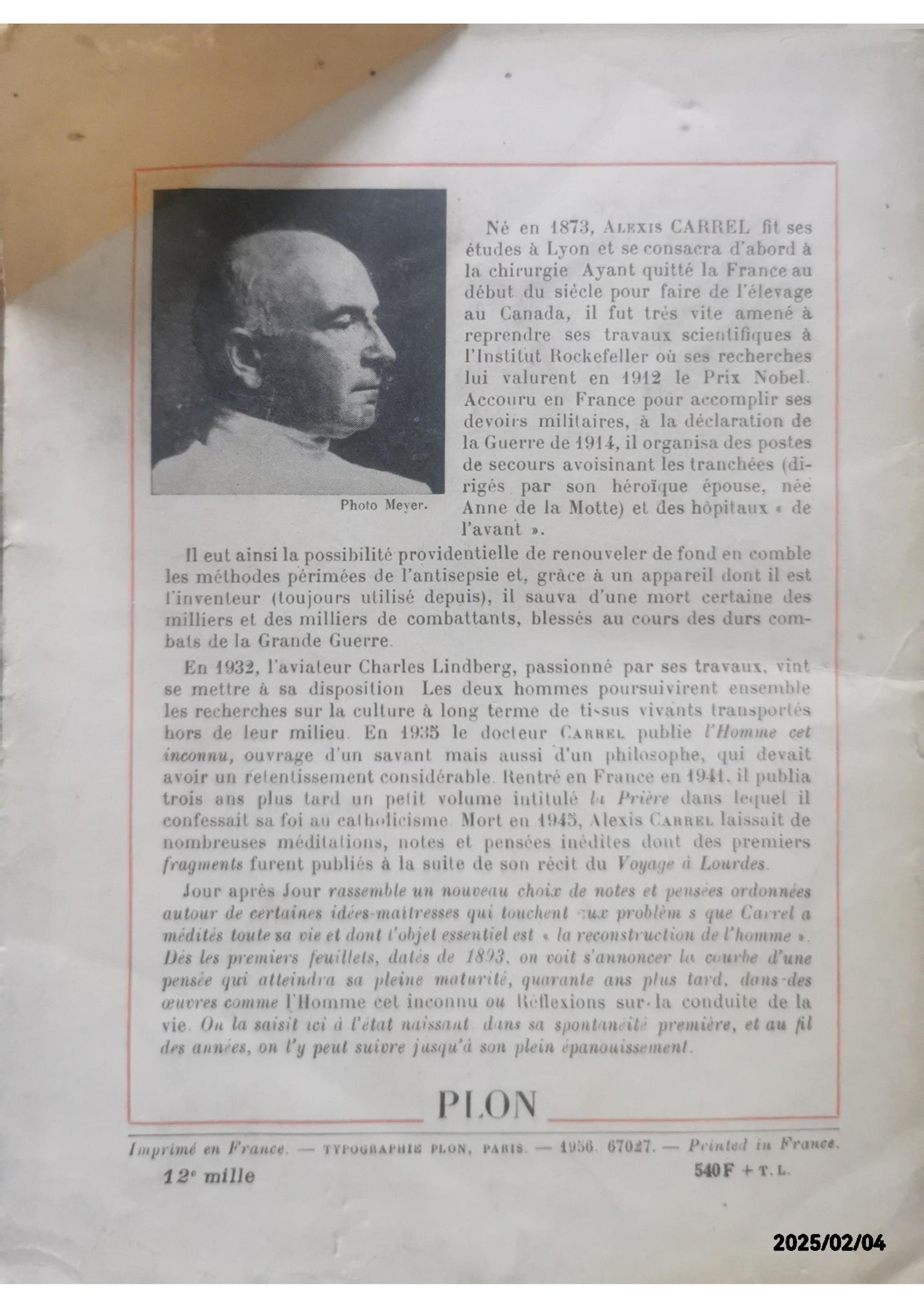 Jour après jour 1893-1944. CARREL, Alexis (Dr). Soft cover