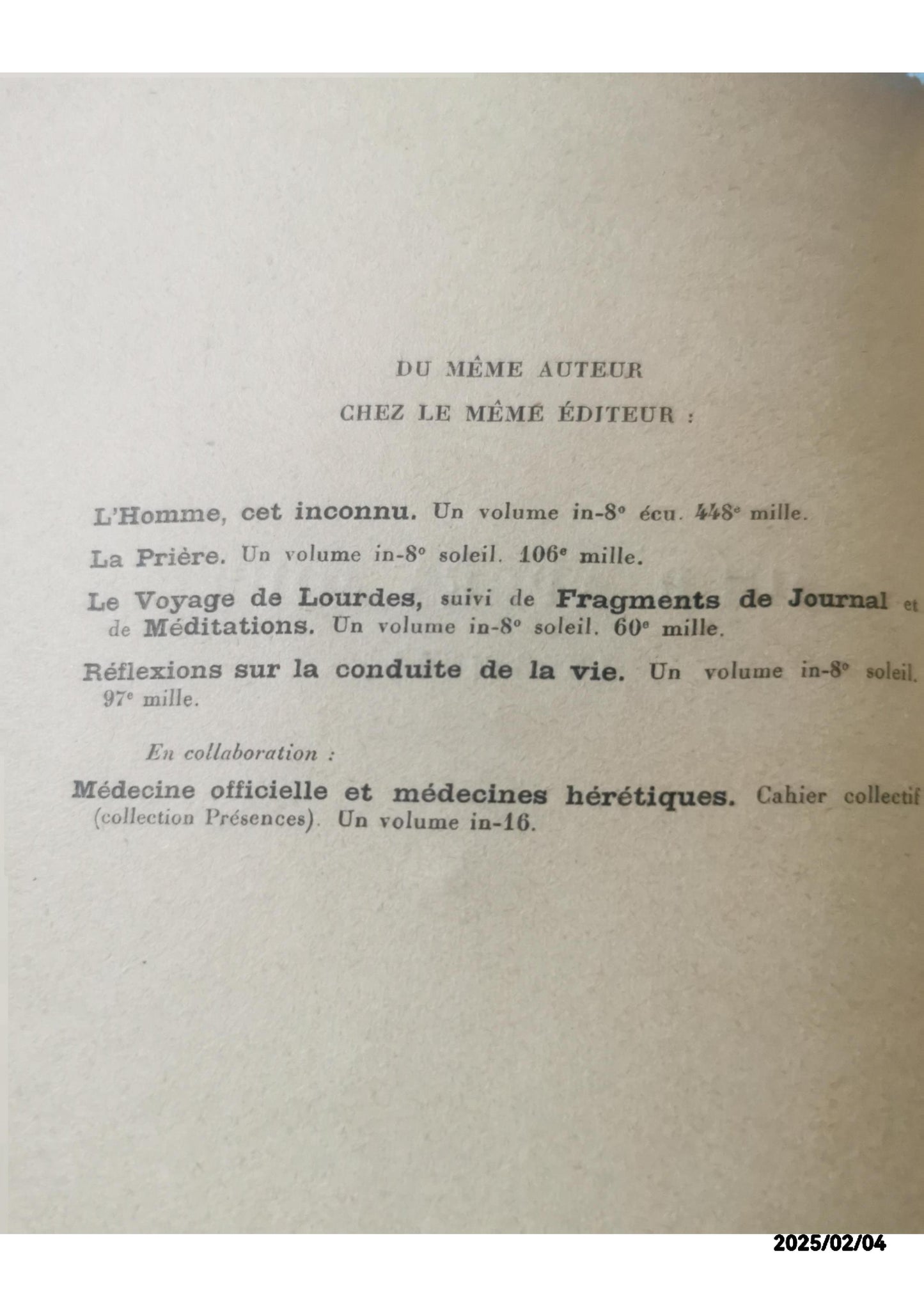 Jour après jour 1893-1944. CARREL, Alexis (Dr). Soft cover