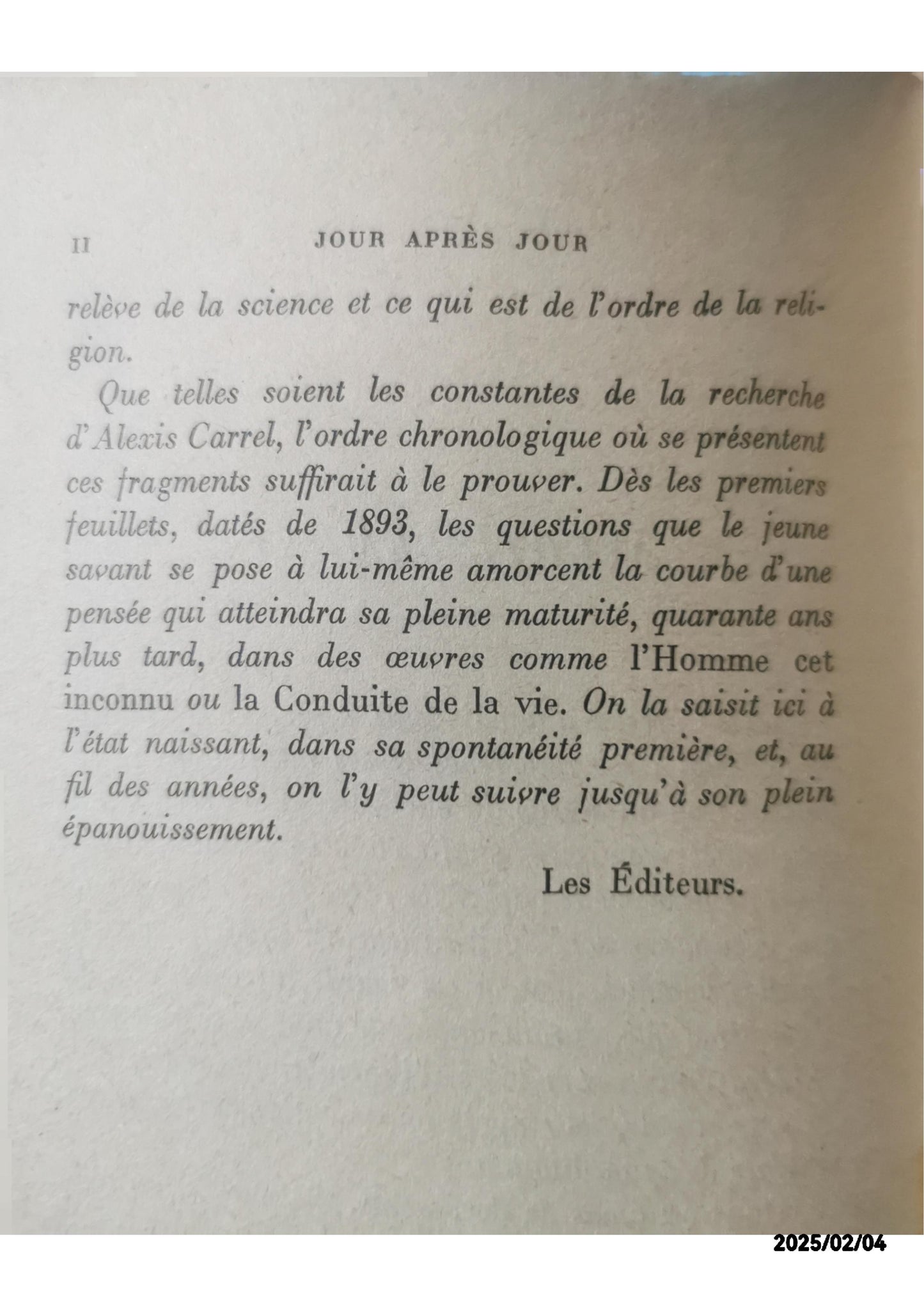 Jour après jour 1893-1944. CARREL, Alexis (Dr). Soft cover