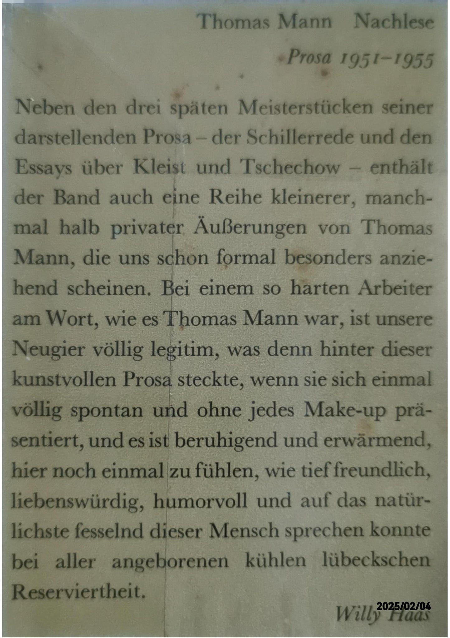 Nachlese. Prosa 1951-1955 Thomas Mann Published by S. Fischer, 1956 Language: German Used Condition: Gut Hardcover