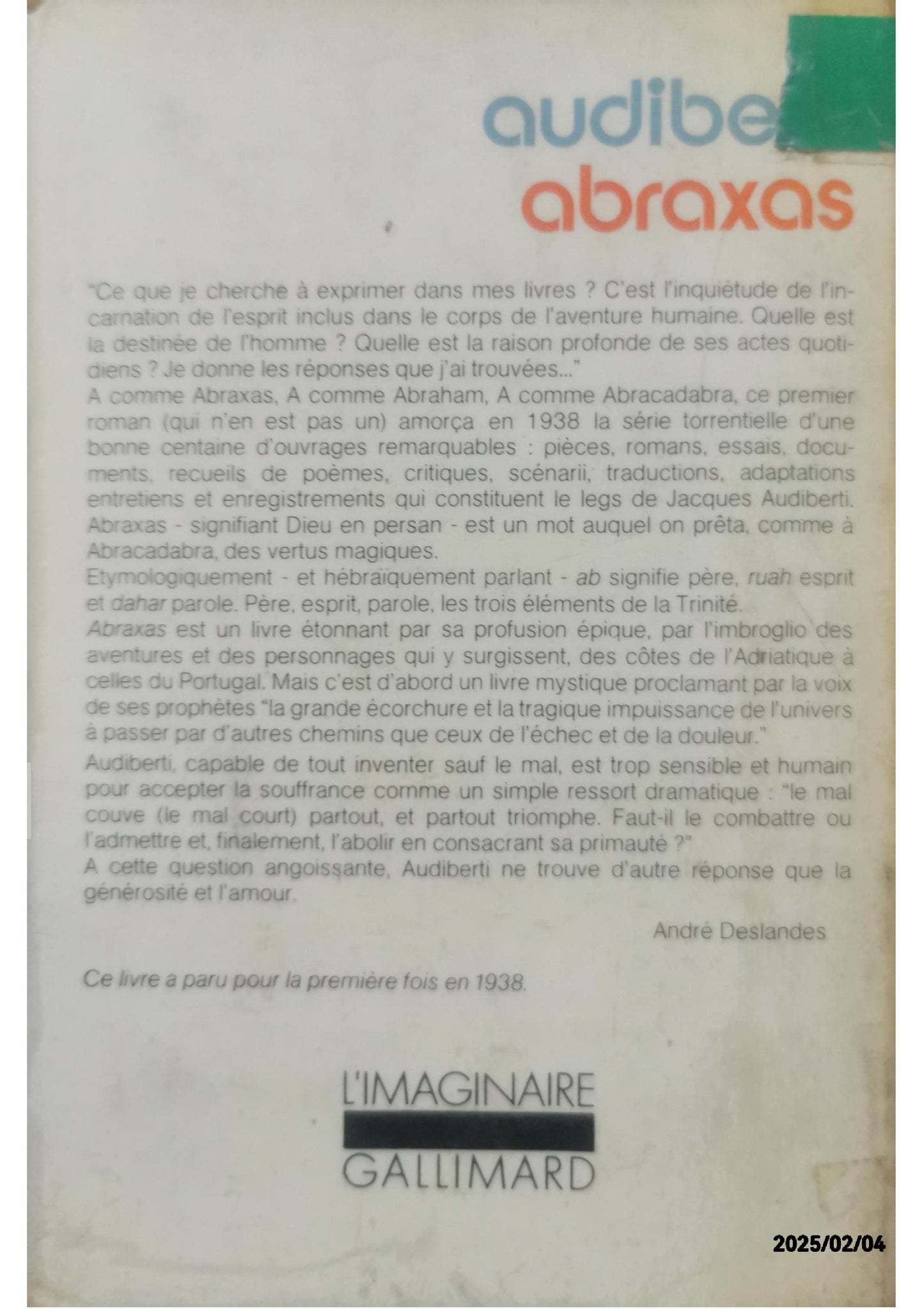 Abraxas Paperback – 1 Oct. 1977 French edition  by Jacques Audiberti (Autor)