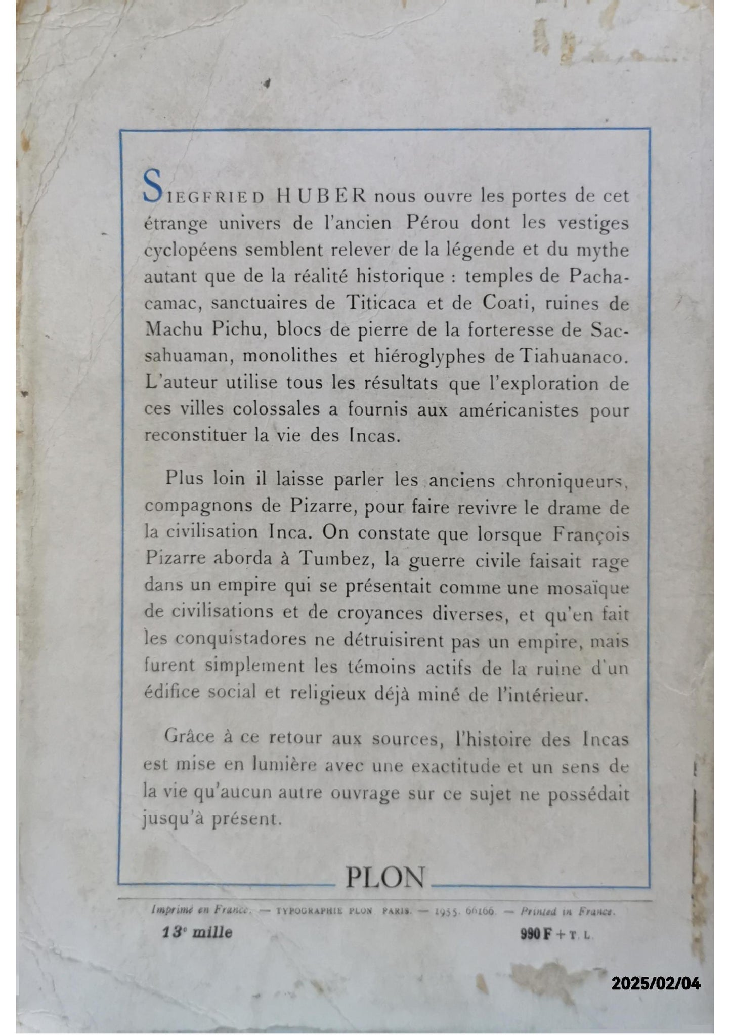 Au royaume des incas Broché – 1 janvier 1955 de Huber Siegfried (Auteur)