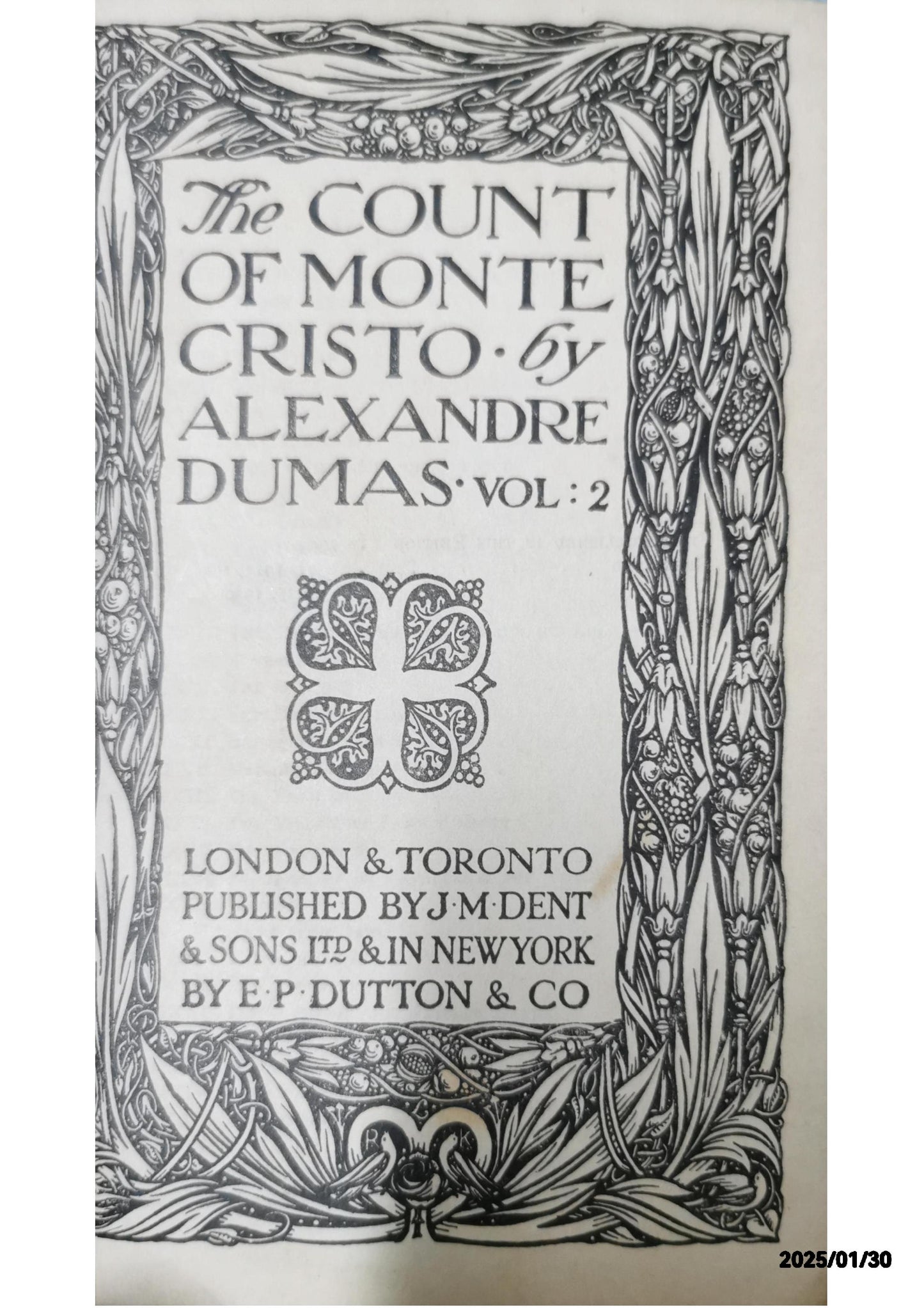 The Count of Monte Cristo Vol. 2 Alexandre Dumas Published by J. M. Dent & Sons Ltd, 1930 Used Hardcover