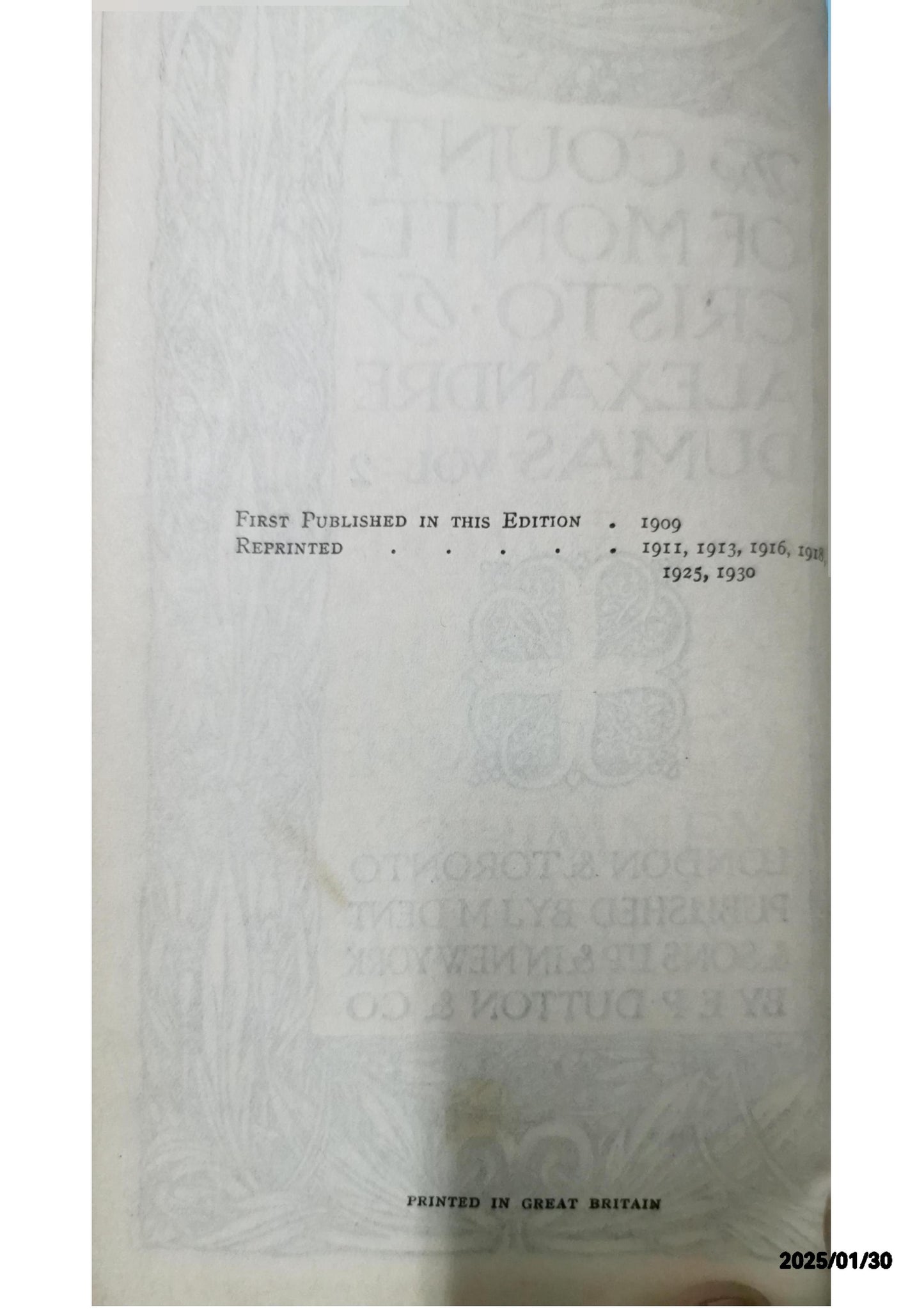 The Count of Monte Cristo Vol. 2 Alexandre Dumas Published by J. M. Dent & Sons Ltd, 1930 Used Hardcover