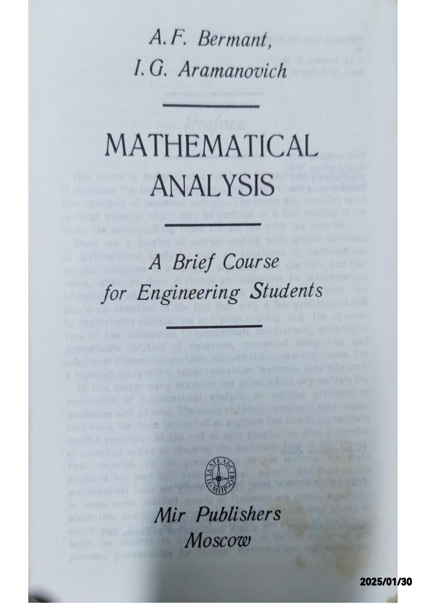 Mathematical Analysis Hardcover – June 1, 1975 by A.F. Bermant (Author), I.G. Aramanovich (Author)