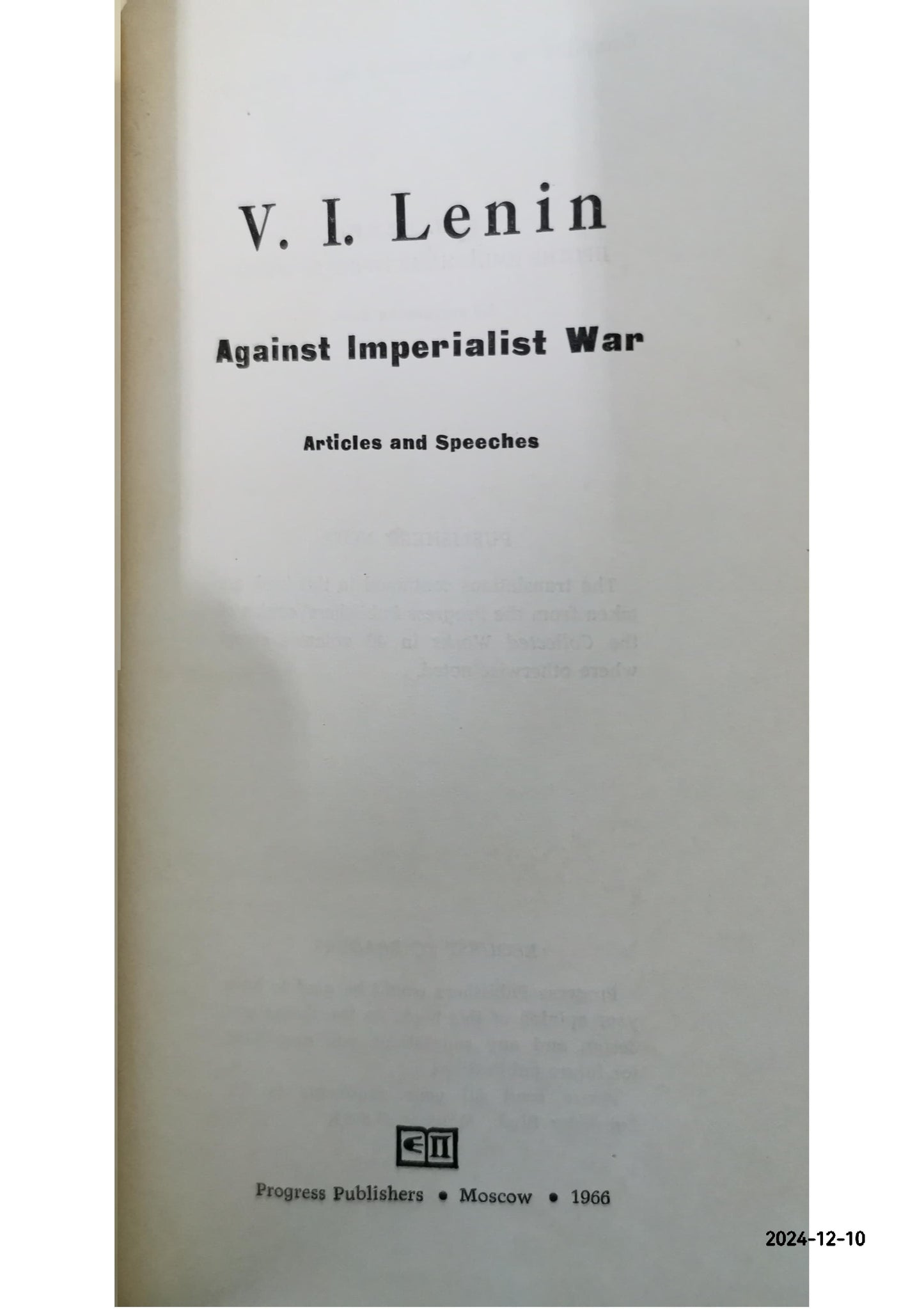 Against Imperialist War Lenin, V. I. Published by Progress Publishers