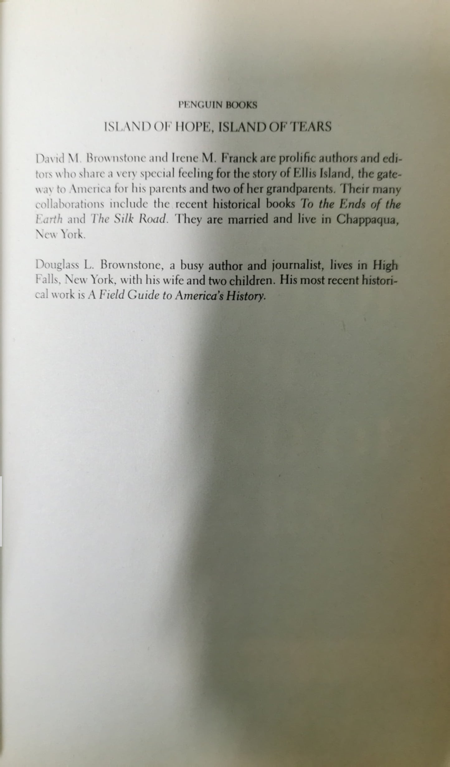 Island of Hope, Island of Tears Book by David Brownstone, Douglass L. Brownstone, and Irene Franck