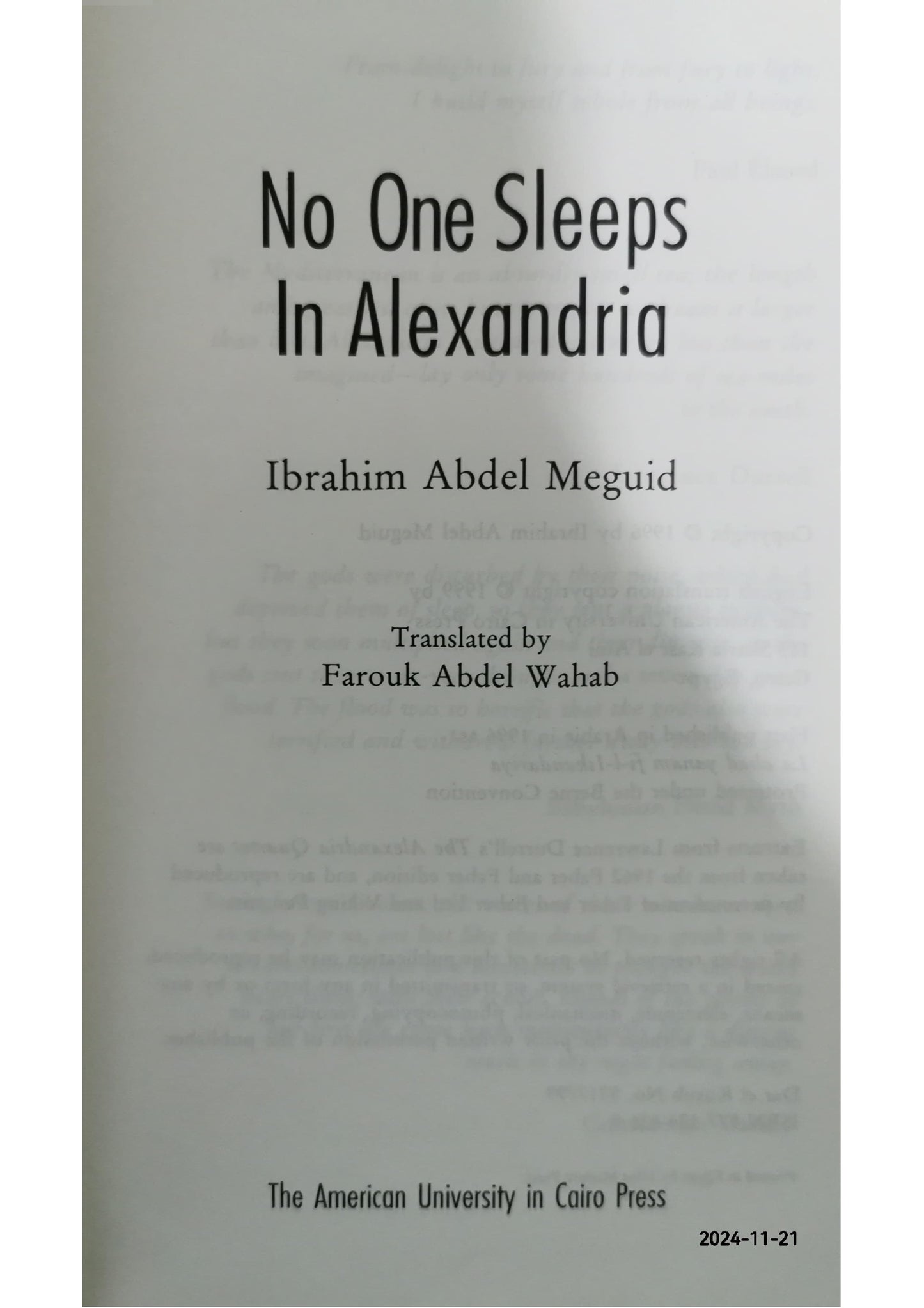 No One Sleeps in Alexandria Novel by Ibrahim Abdel Meguid