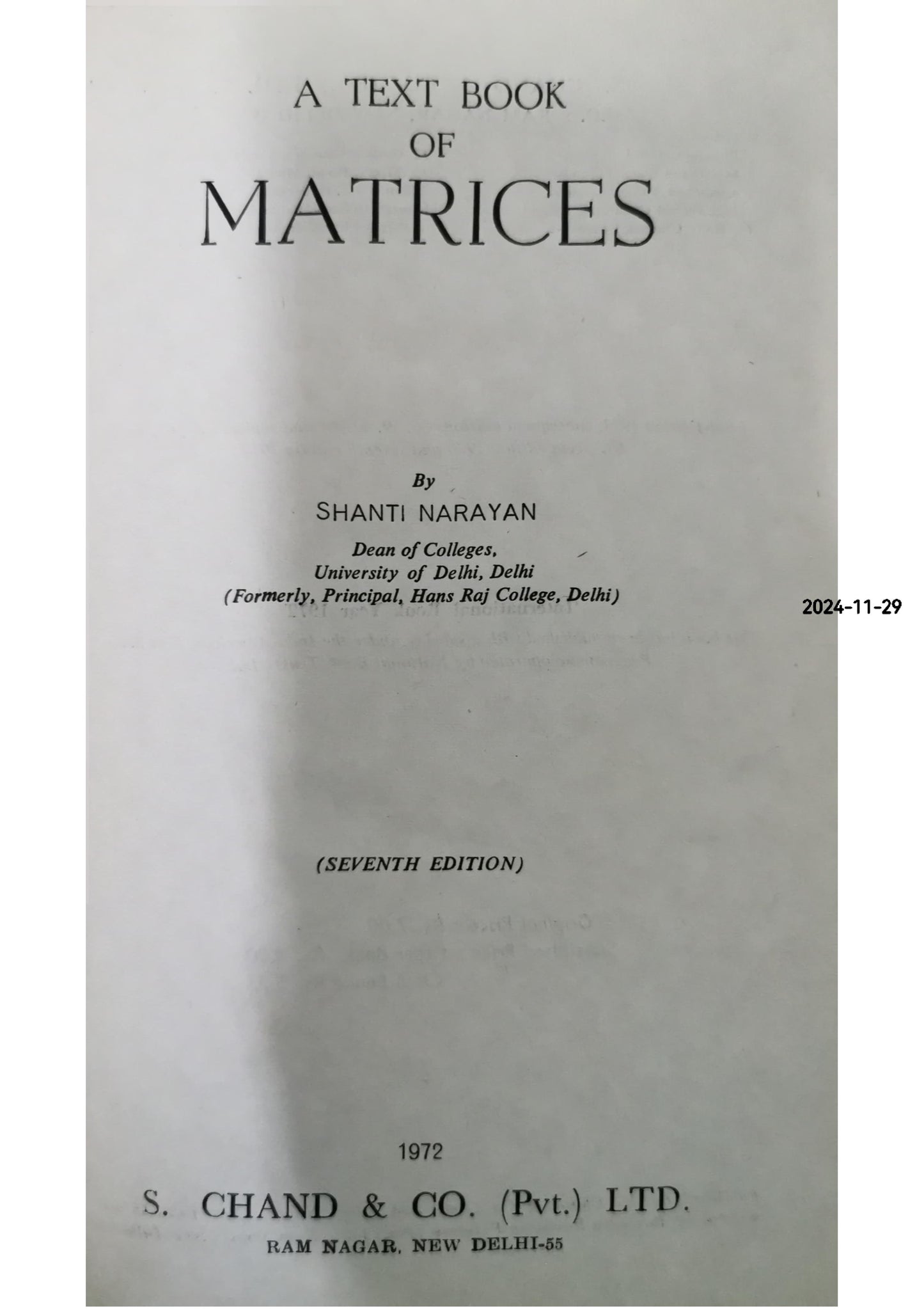 A text book of matrices Textbook by Shanti Narayan Hardcover