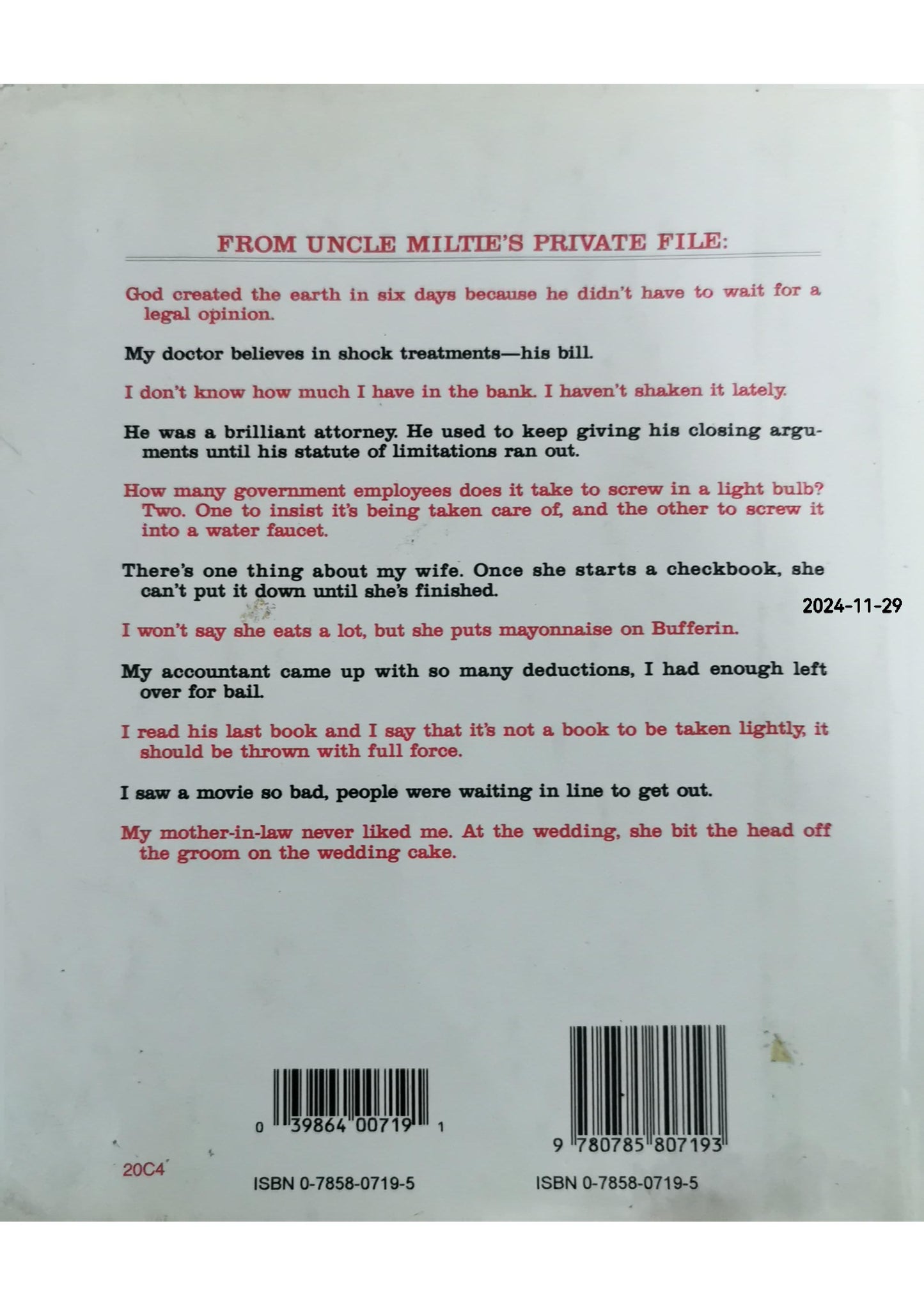 Milton Berle's Private Joke File: Over 10,000 of His Best Gags, Anecdotes, and One-Liners Hardcover–  by Milton Berle