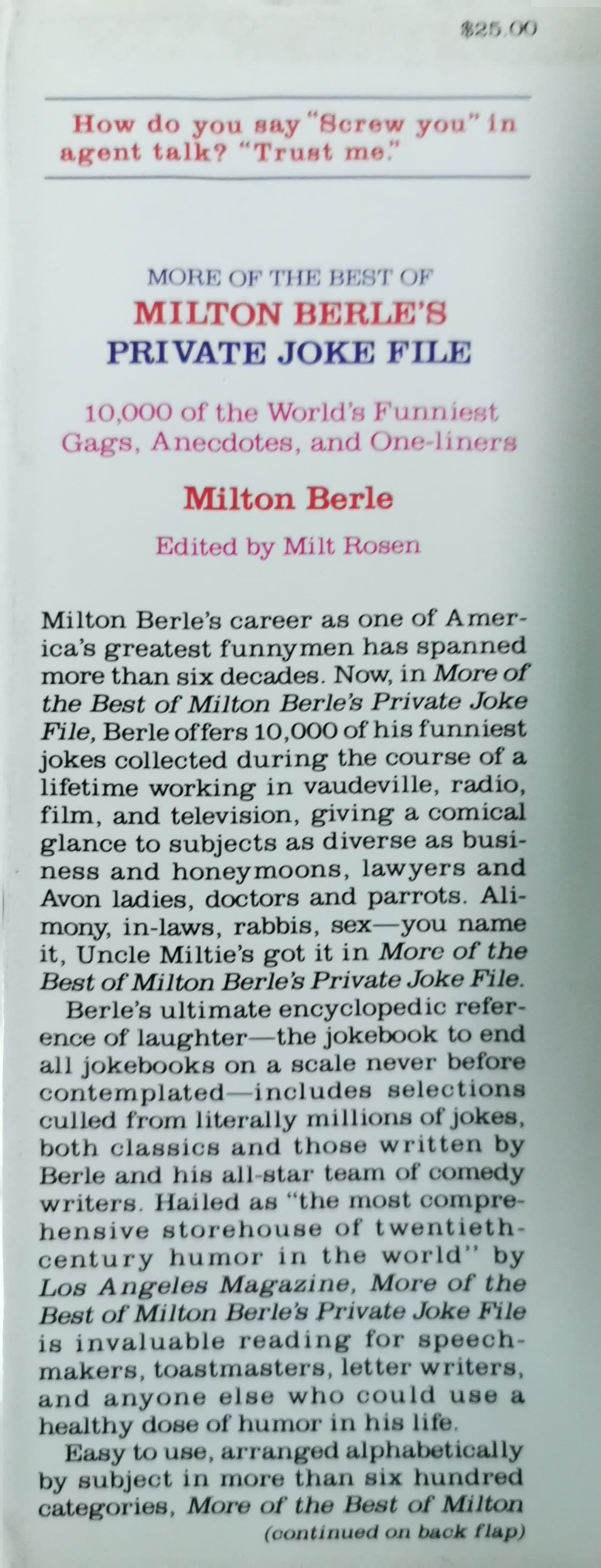 Milton Berle's Private Joke File: Over 10,000 of His Best Gags, Anecdotes, and One-Liners Hardcover–  by Milton Berle