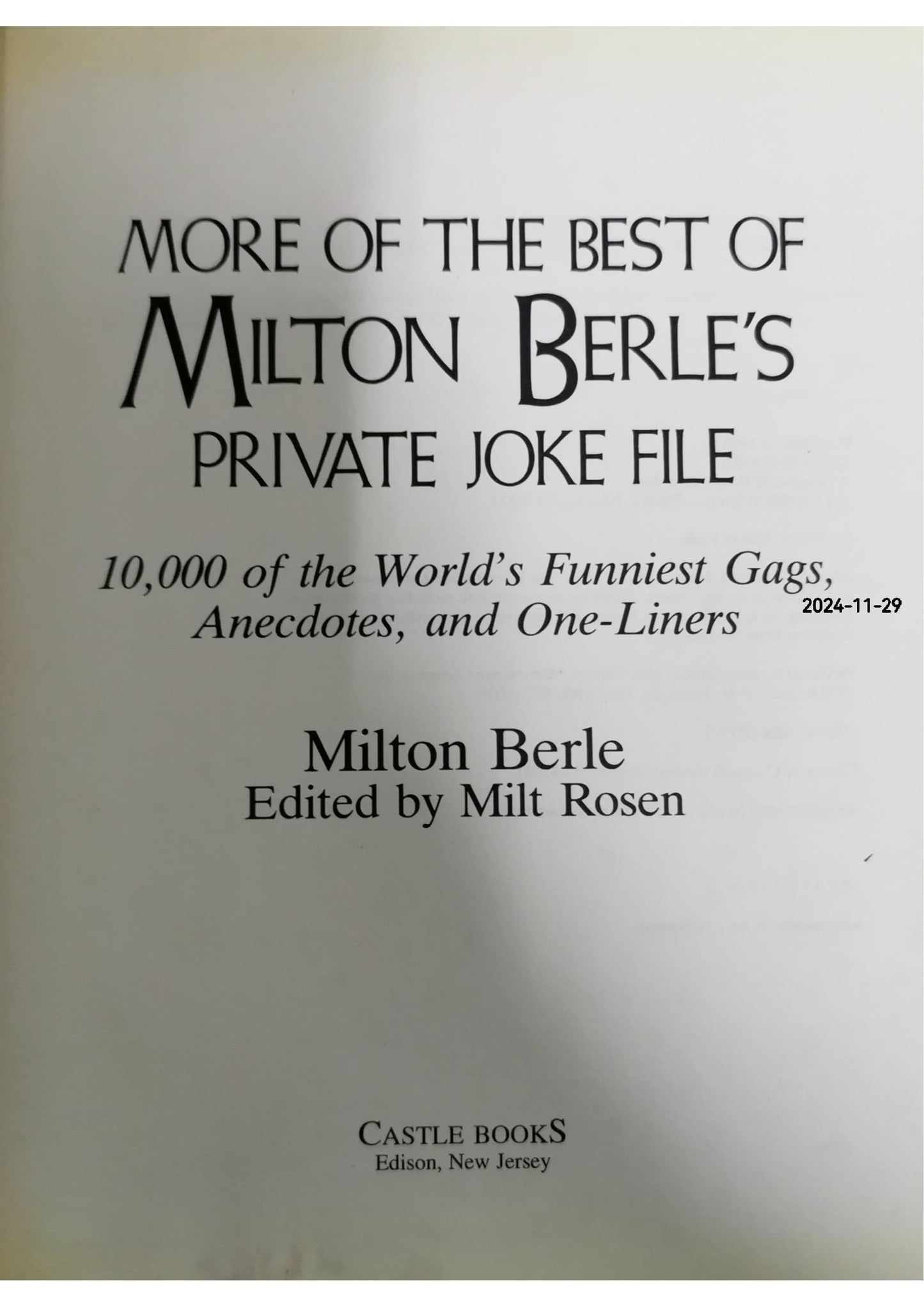 Milton Berle's Private Joke File: Over 10,000 of His Best Gags, Anecdotes, and One-Liners Hardcover–  by Milton Berle