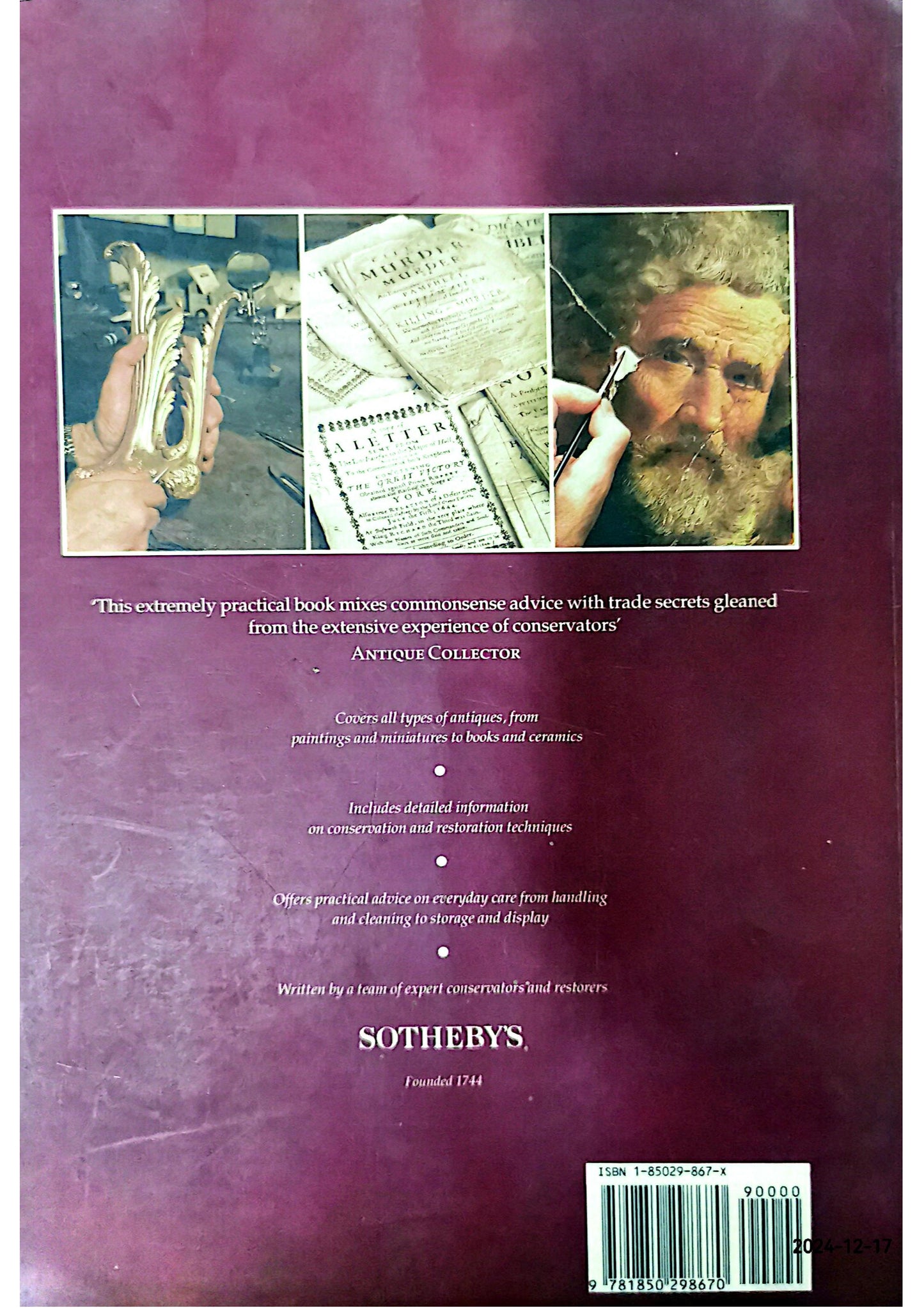 Sotheby's caring for antiques: A guide to handling, cleaning, display, and restoration Hardcover – January 1, 1992 Spanish Edition  by M [eds] Simpson, M & Huntley (Author)