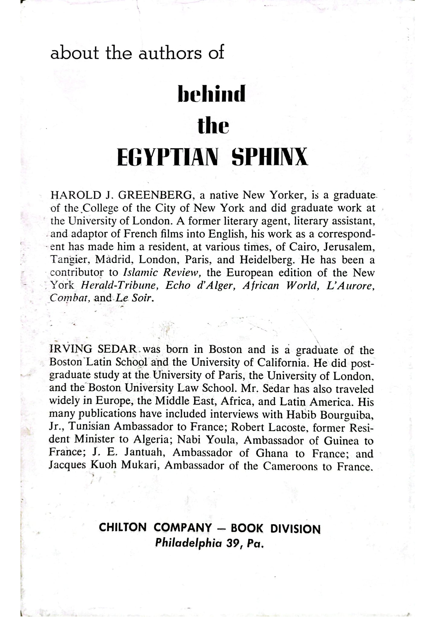 Behind the Egyptian sphinx;: Nasser's strange bedfellows: prelude to World War III? Hardcover – January 1, 1960 by Irving Sedar (Author)